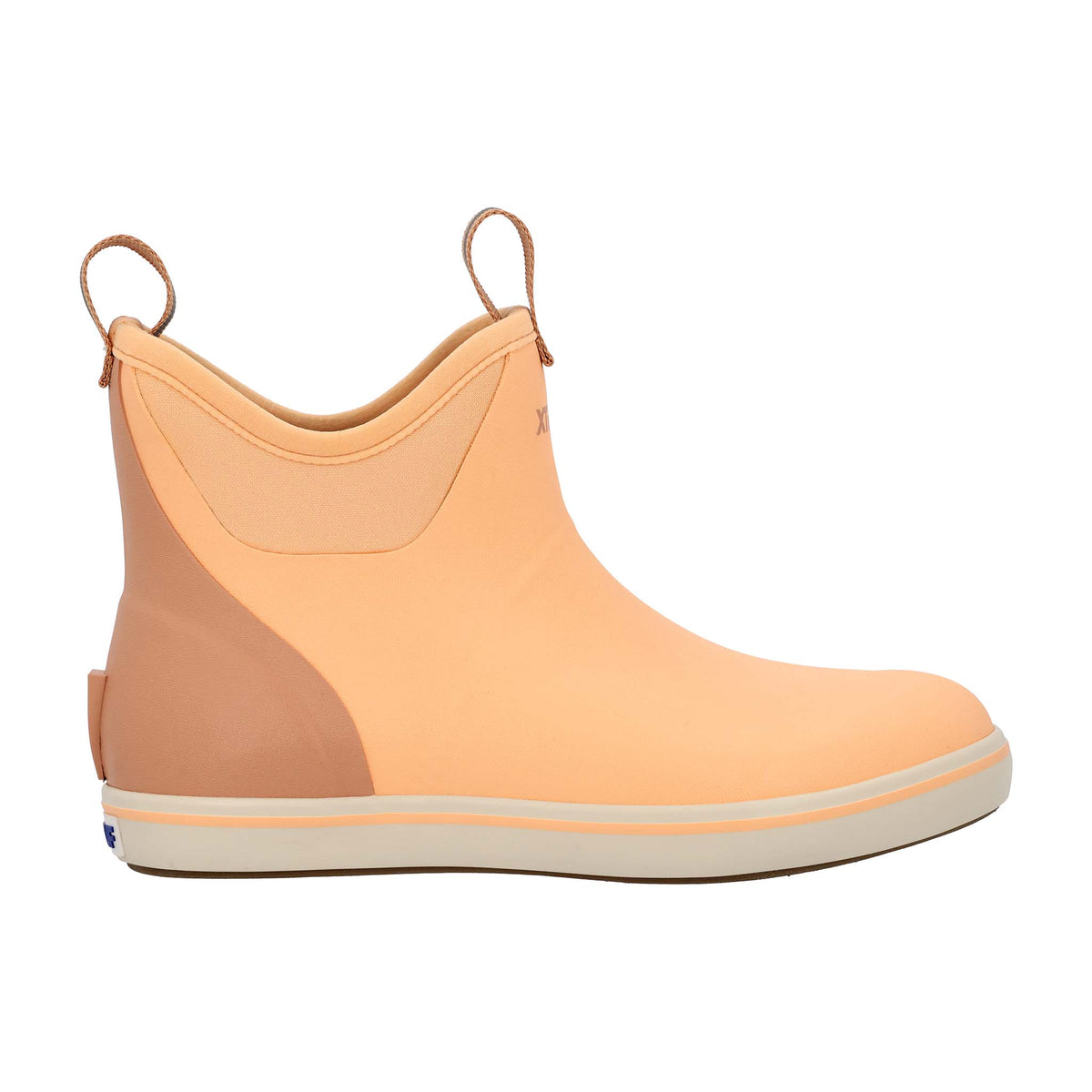 Peach slip-on boot with brown accents on a white background