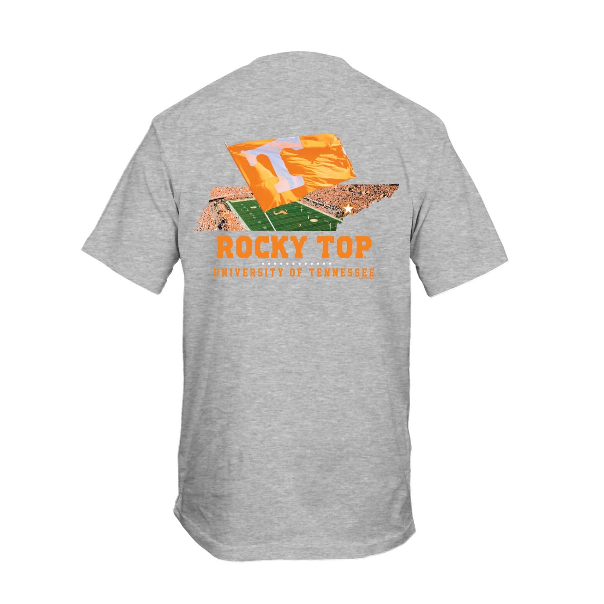 Youth grey Tennessee Volunteers t-shirt with Neyland Stadium and Power T flag graphic, “Rocky Top University of Tennessee” text.