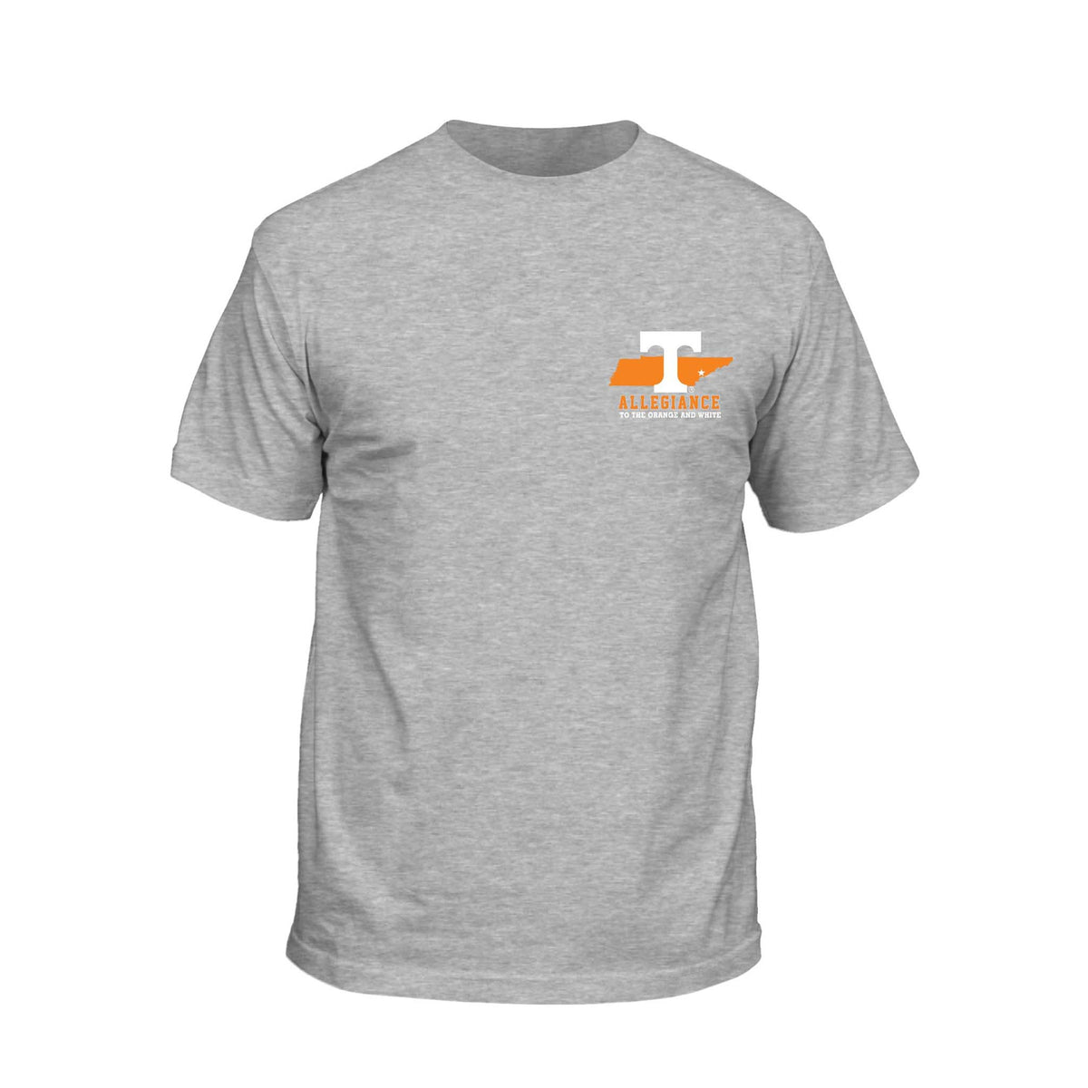 Youth grey Tennessee Volunteers t-shirt with small chest graphic of Power T, Tennessee state outline, and “Allegiance to the Orange and White” text.