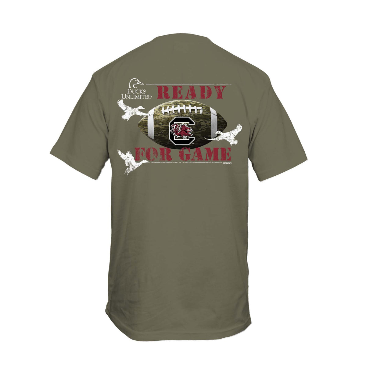 Youth military green Ducks Unlimited Gamecocks T-shirt with front chest logo reading “Ducks Unlimited Gamecocks” and back graphic showing camo football with Gamecock logo and “Ready for Game” text.