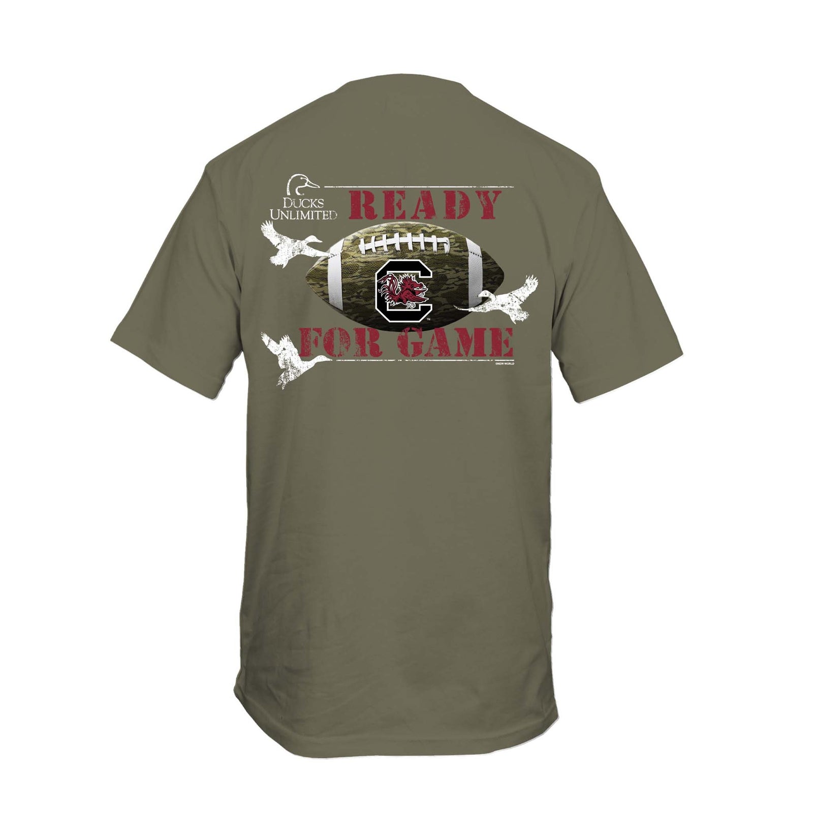 Youth military green Ducks Unlimited Gamecocks T-shirt with front chest logo reading “Ducks Unlimited Gamecocks” and back graphic showing camo football with Gamecock logo and “Ready for Game” text.