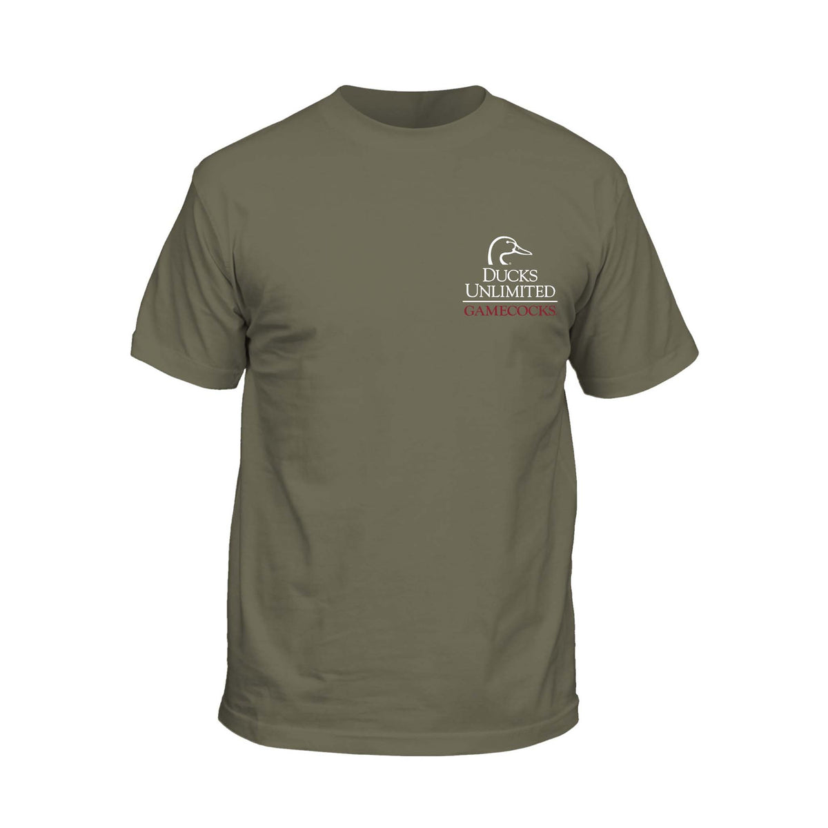 Youth military green Ducks Unlimited Gamecocks T-shirt with front chest logo reading “Ducks Unlimited Gamecocks” and back graphic showing camo football with Gamecock logo and “Ready for Game” text.