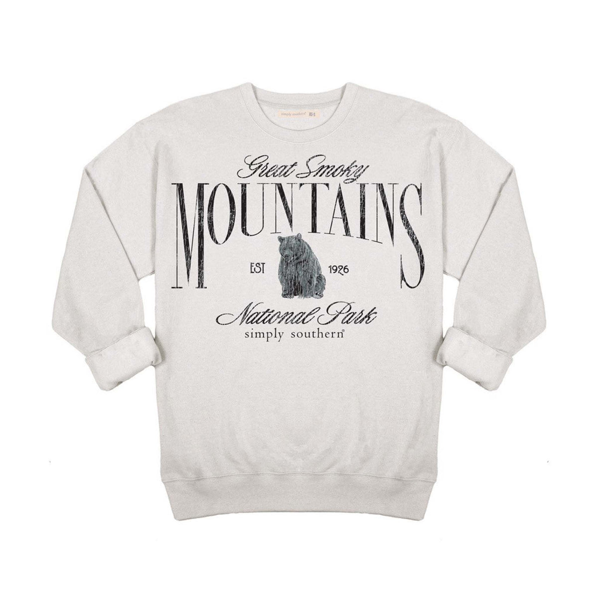 White sweatshirt with 'Great Smoky Mountains National Park' text and bear graphic on a white background