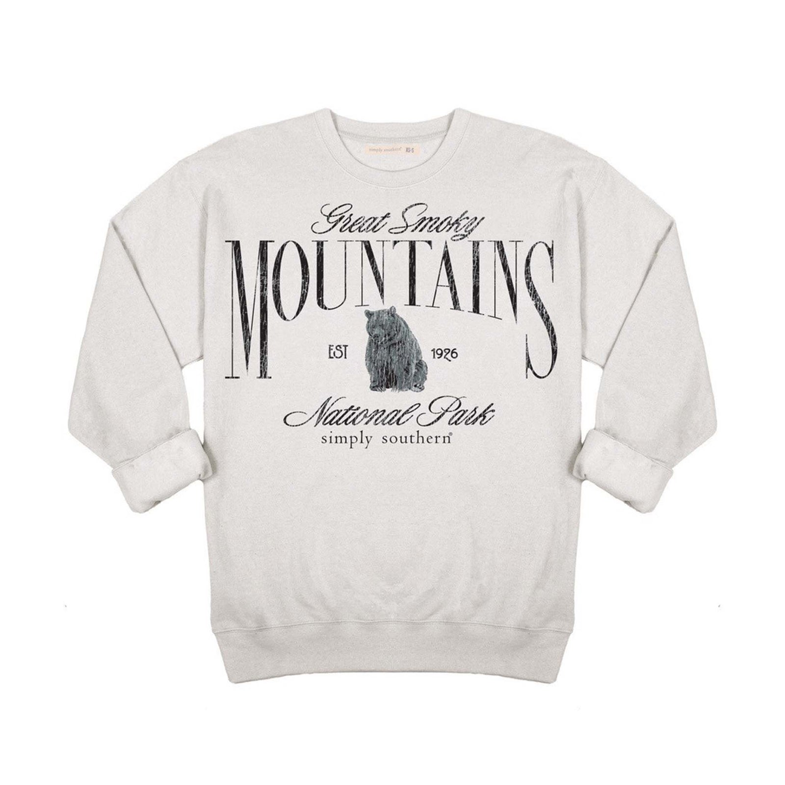 White sweatshirt with 'Great Smoky Mountains National Park' text and bear graphic on a white background
