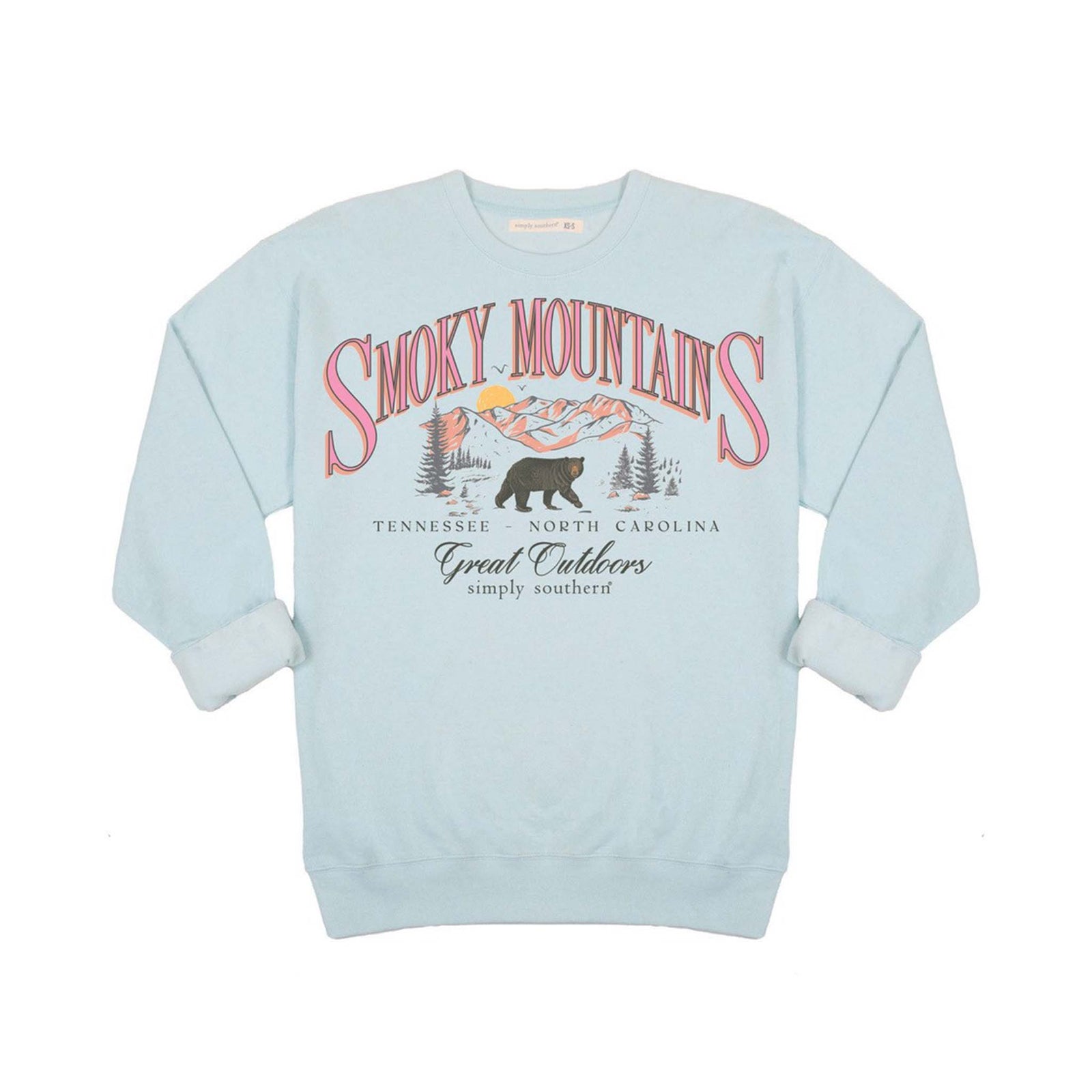 Simply Southern Youth Smoky Mountains crewneck sweatshirt in light blue with mountain, bear, and tree graphic on front.