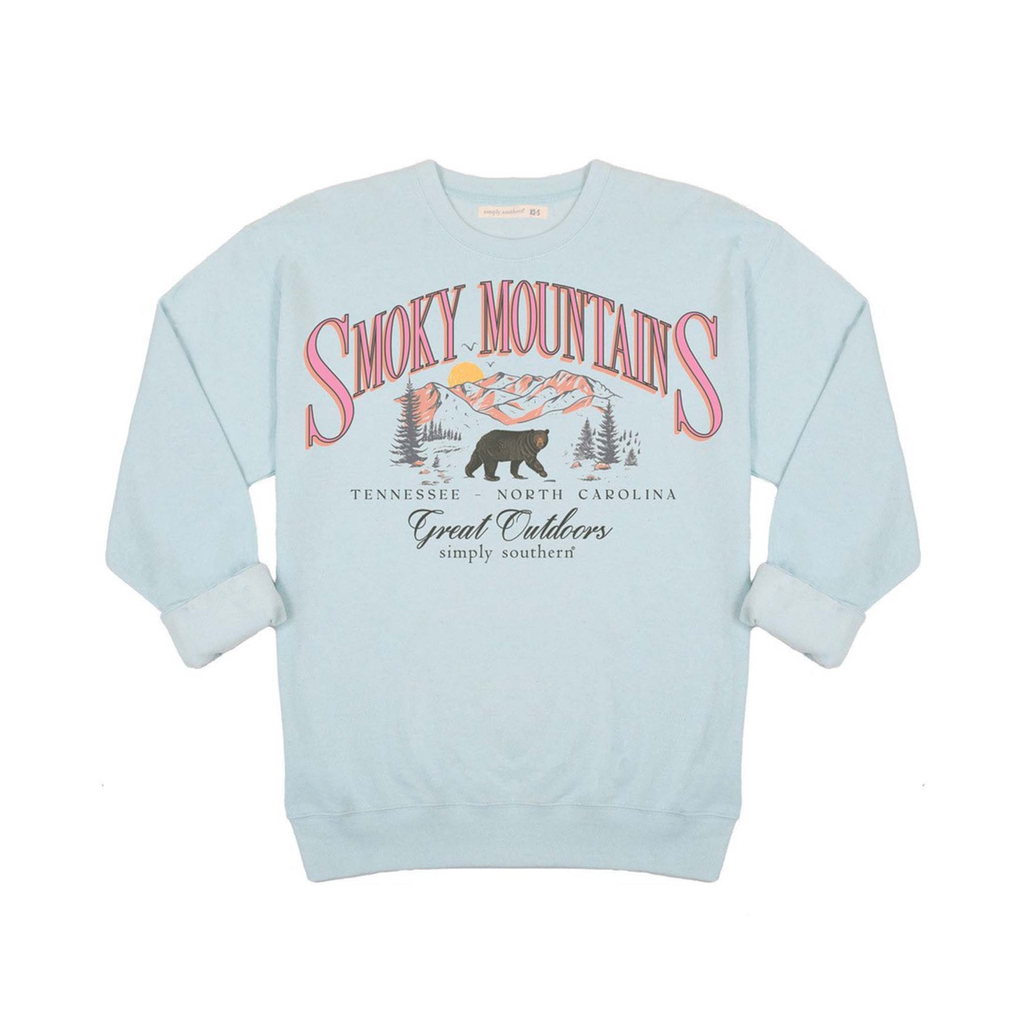 Simply Southern Youth Smoky Mountains crewneck sweatshirt in light blue with mountain, bear, and tree graphic on front.