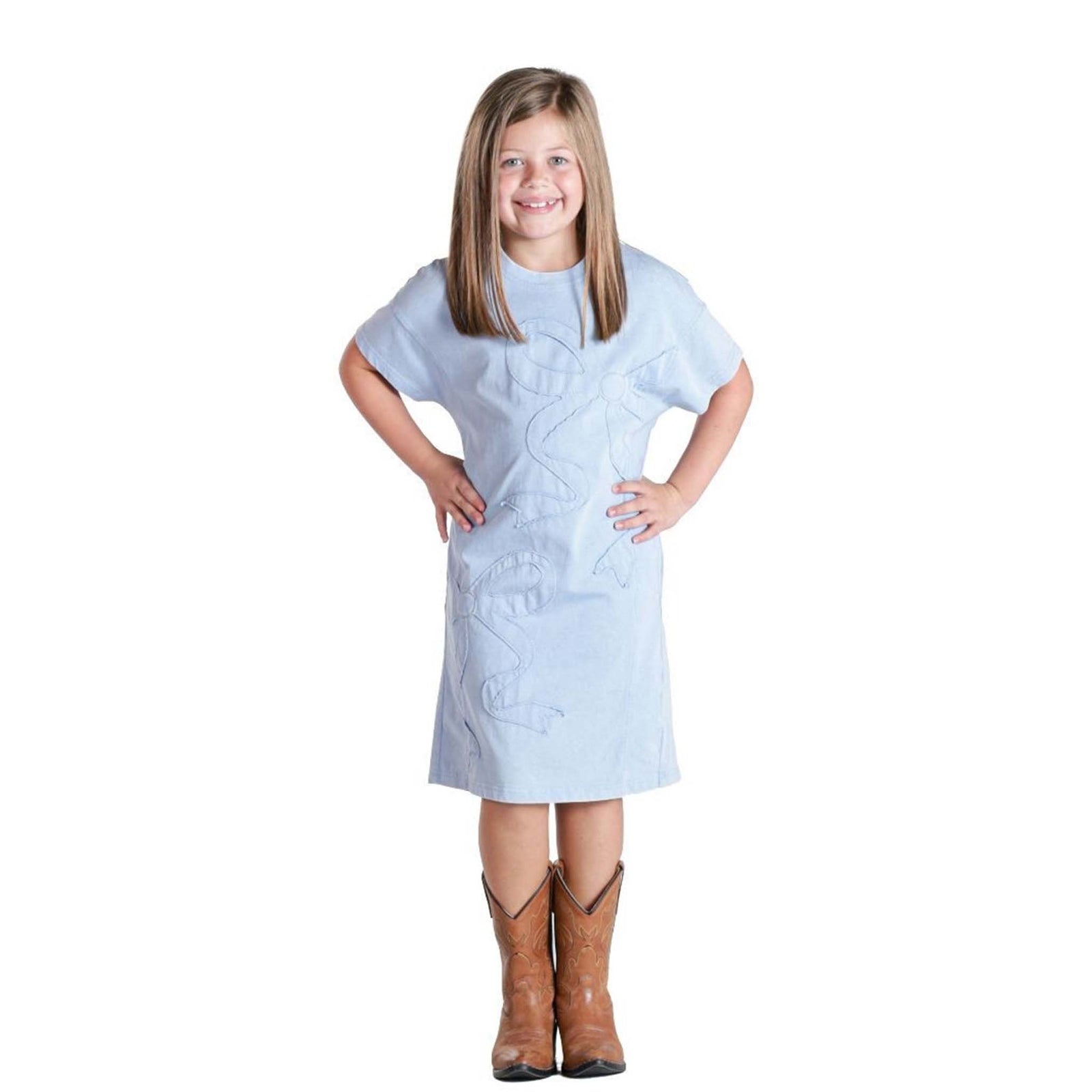 Young girl wearing a light blue dress with a white background