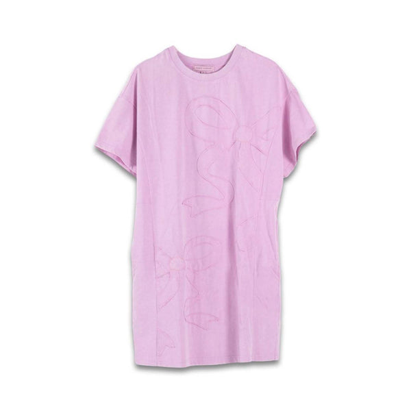 Youth pink bow knit dress on a white background.