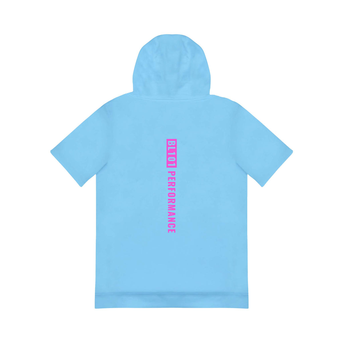 Back view of a light blue short sleeve hoodie with vertical pink “BL101 PERFORMANCE” text centered on the back.
