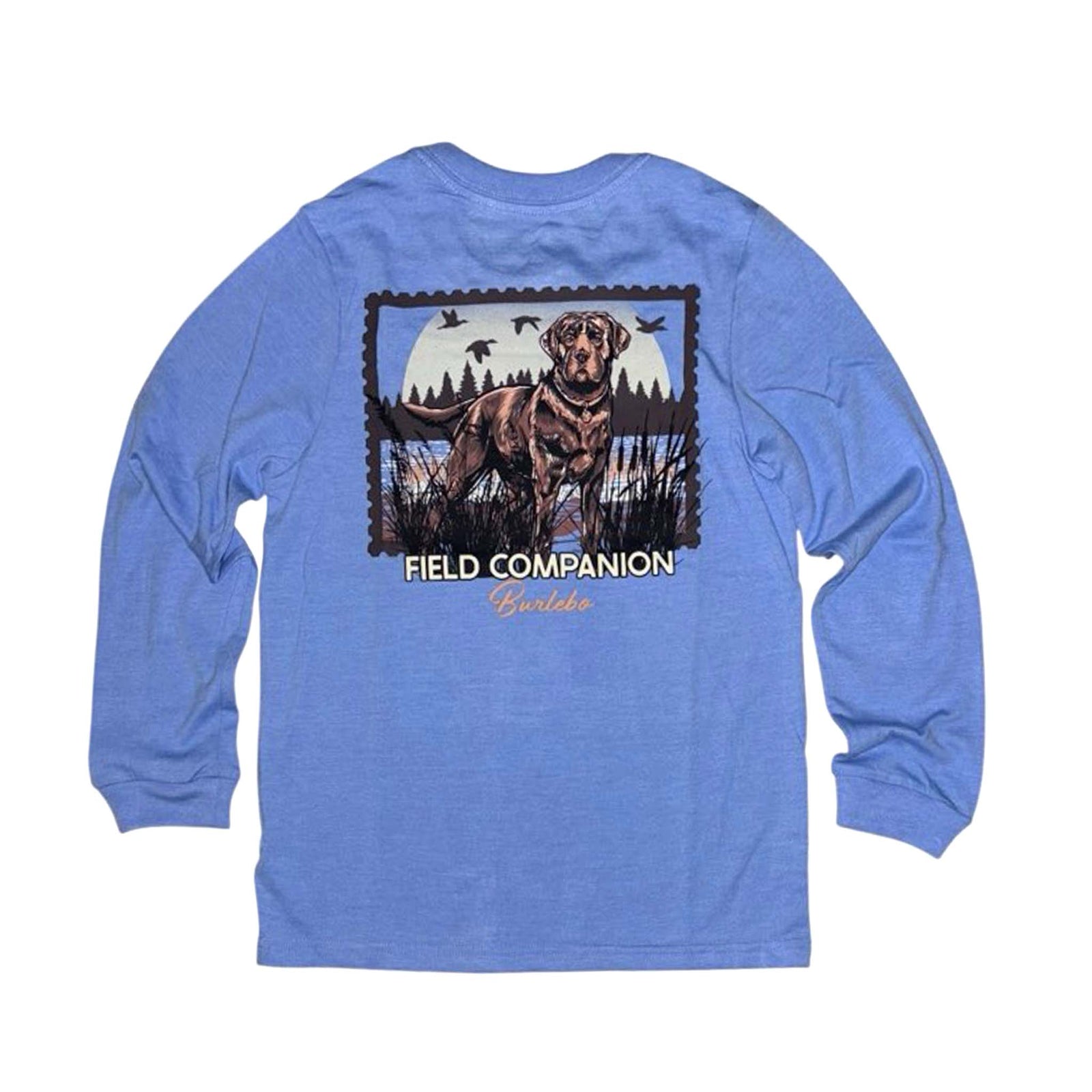 Blue long-sleeve shirt with a dog graphic and 'Field Companion' text on a white background