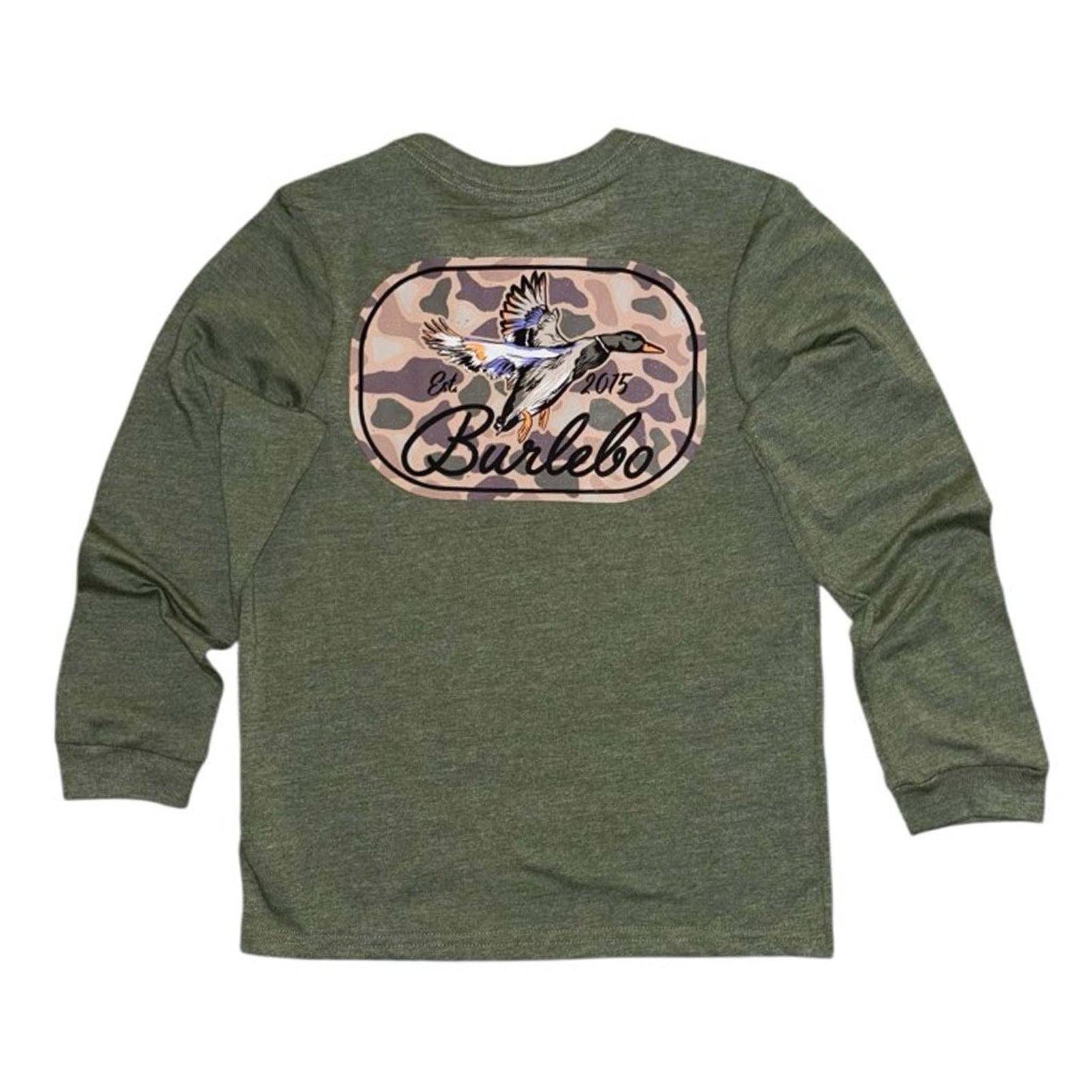 Back view of a youth long sleeve olive green shirt with a duck graphic and camo background reading “Burlebo Est. 2015.”