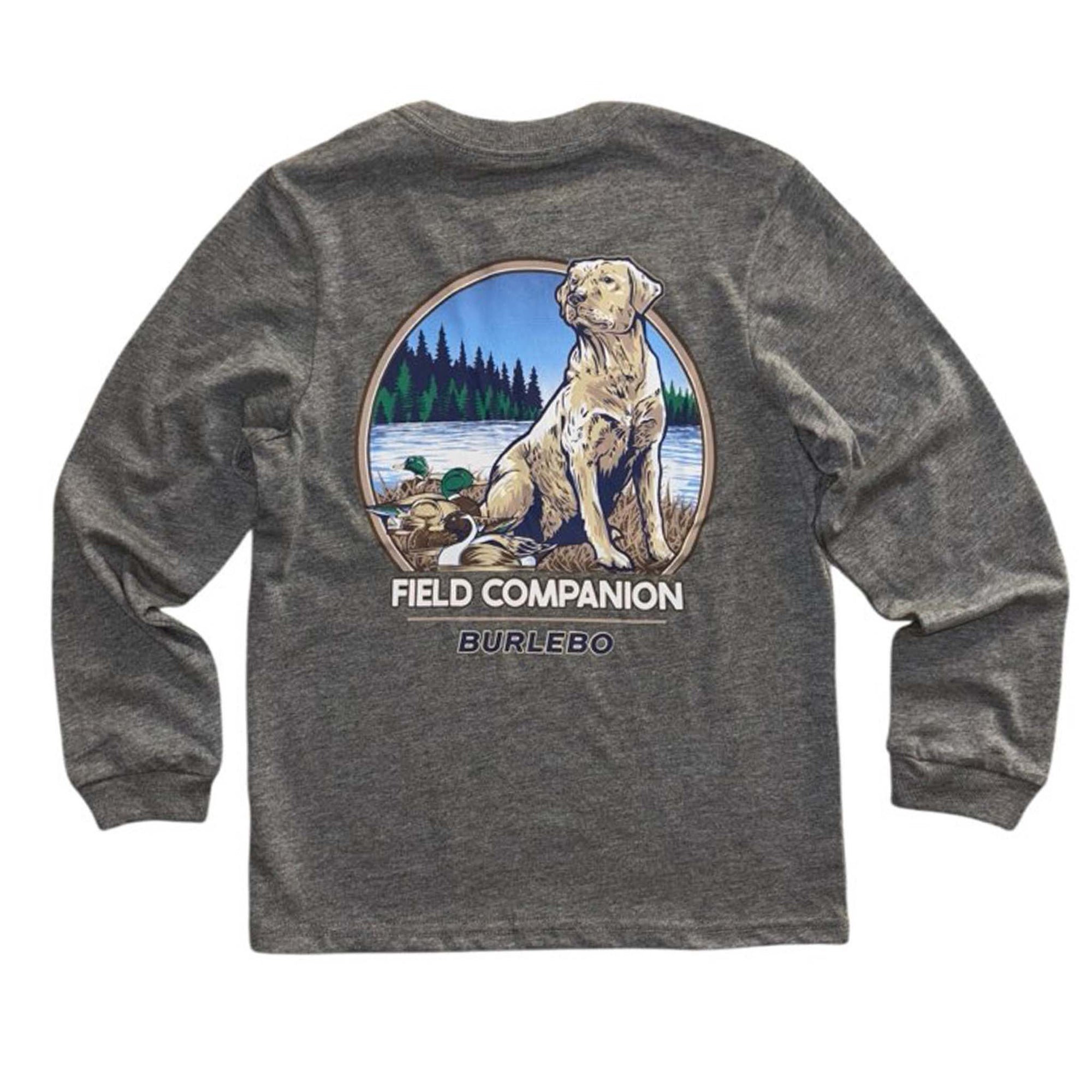 Back view of a youth long sleeve dark grey shirt featuring a graphic of a yellow lab and ducks by a lake with pine trees, labeled "Field Companion Burlebo."