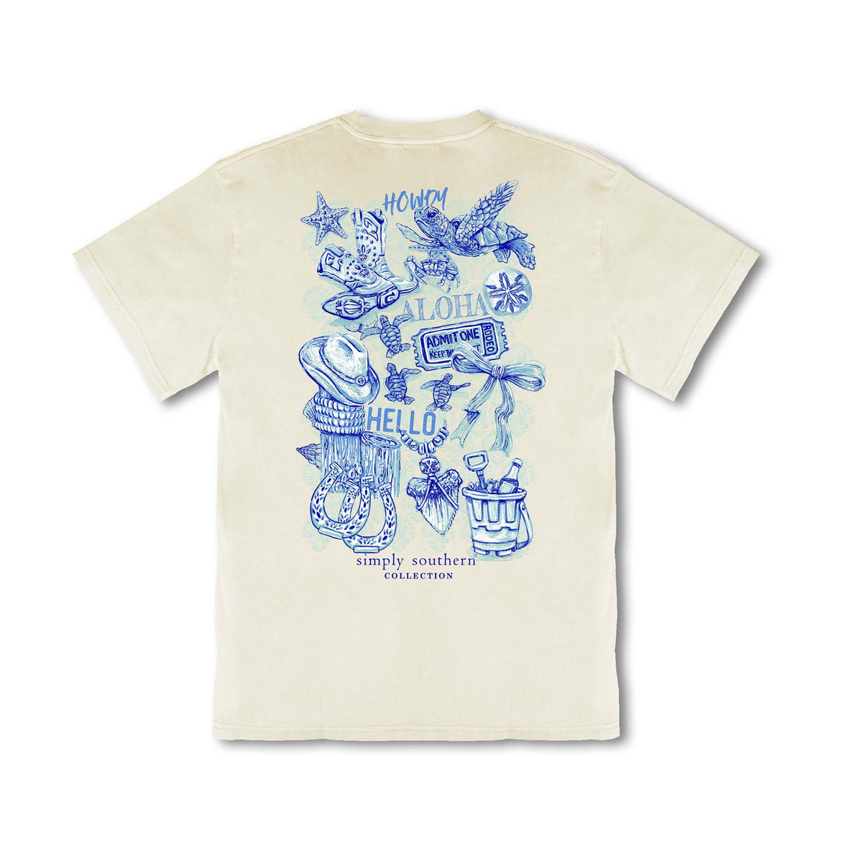 Simply Southern Youth Mineral Wash Short Sleeve t-shirt in bone with cowgirl and coastal themed blue graphics on the back