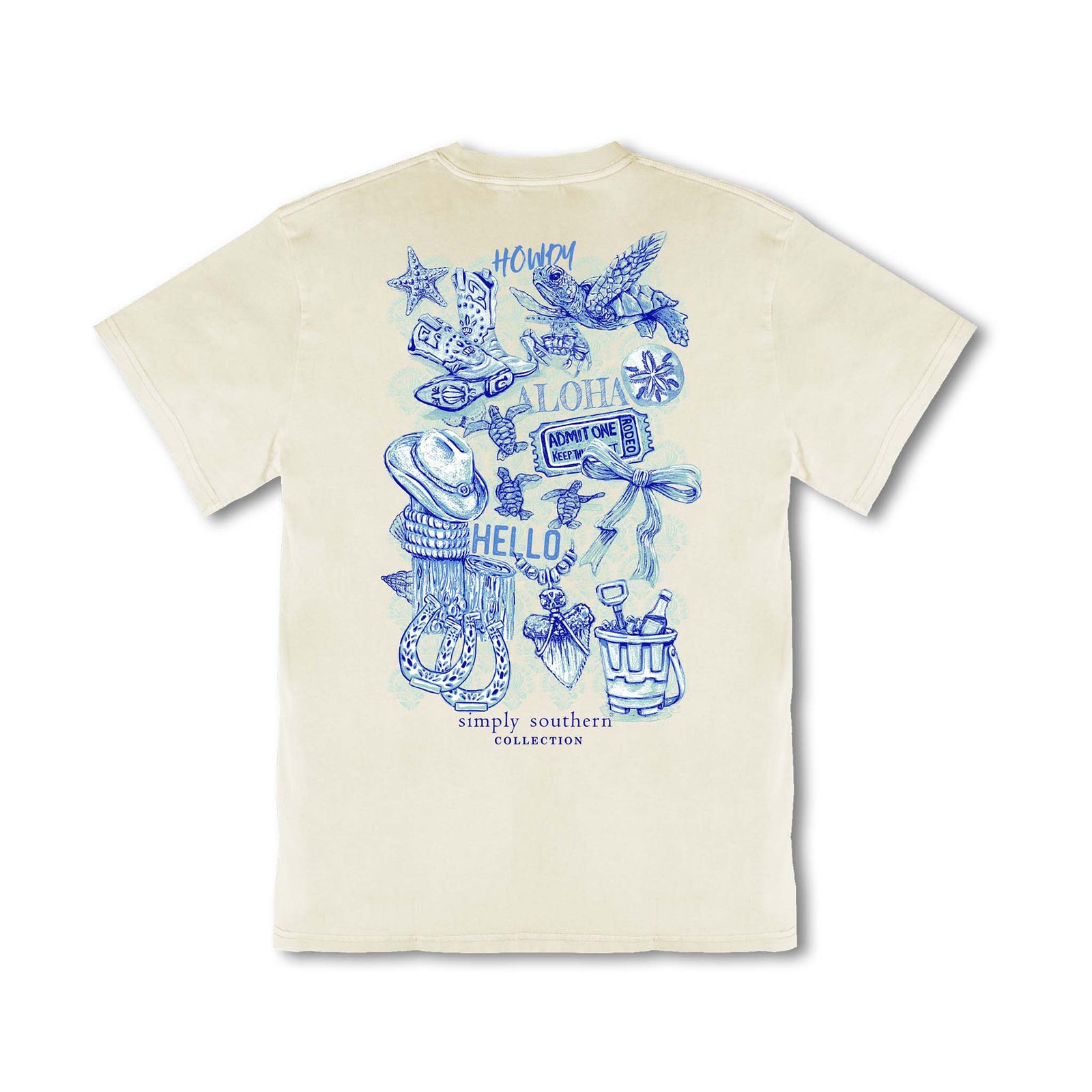 Simply Southern Youth Mineral Wash Short Sleeve t-shirt in bone with cowgirl and coastal themed blue graphics on the back