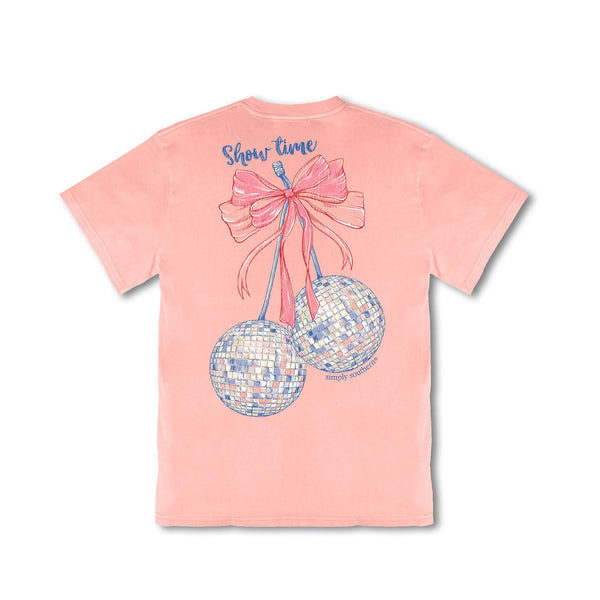 Simply Southern Youth Mineral Wash Short Sleeve T-Shirt in light peach with mirrorball cherries on the back