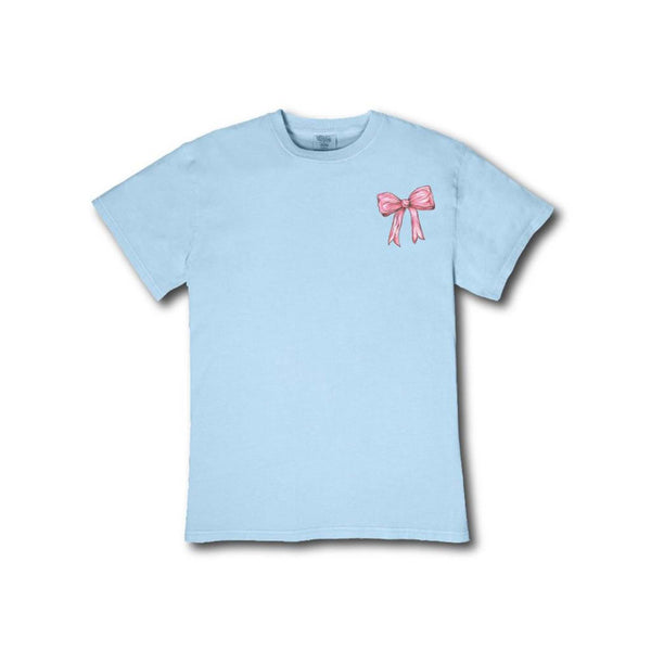 Light blue t-shirt with a pink bow design on a white background