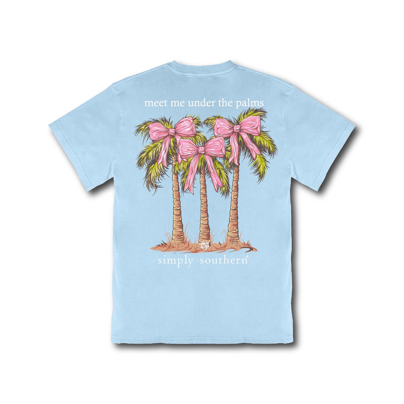 Light blue t-shirt with palm tree design and 'meet me under the palms' text on a white background
