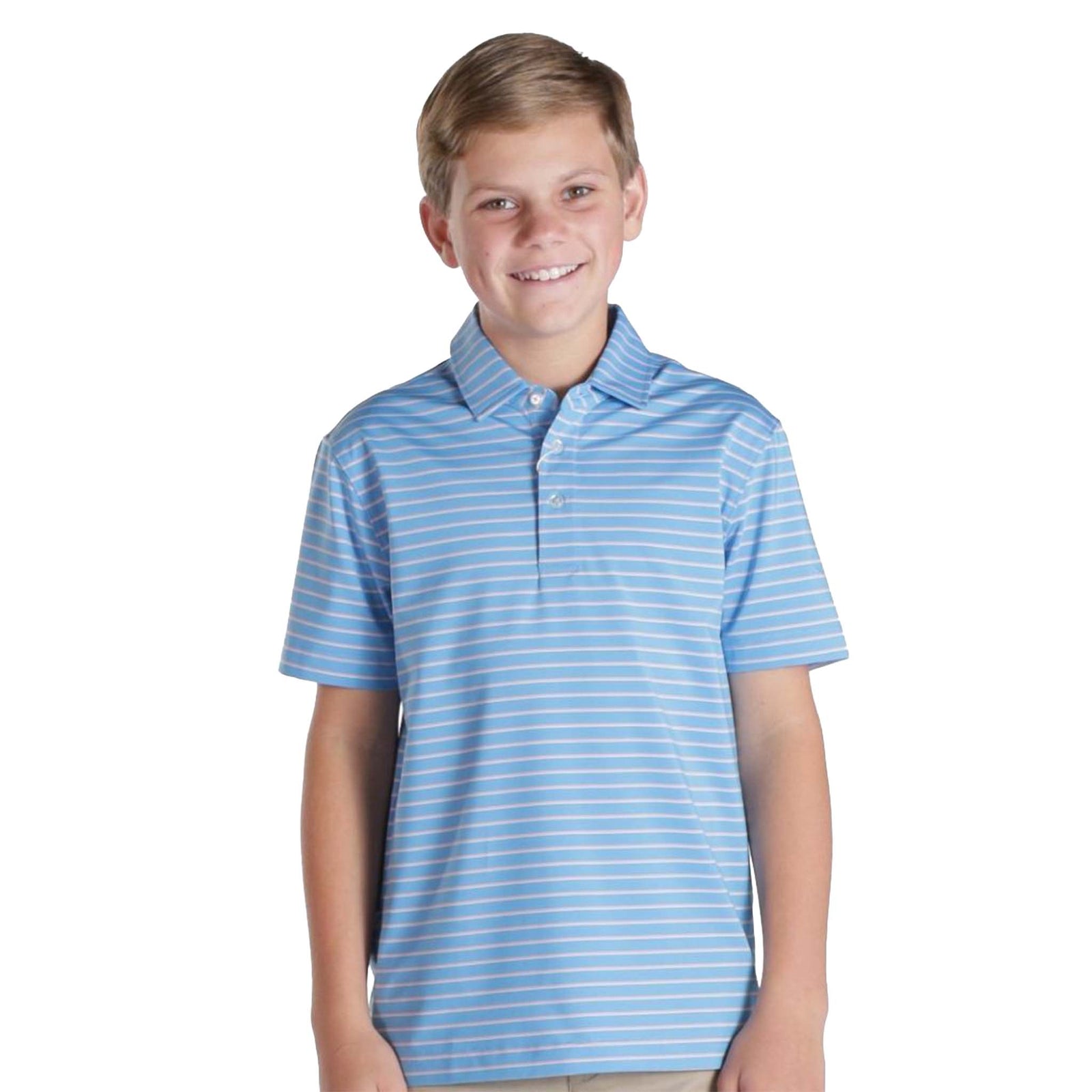 Young boy wearing a blue and white striped polo shirt on a white background