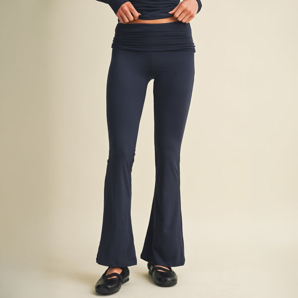 Knit Foldover Flare Pants in Dark Navy