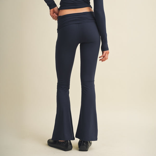 Knit Foldover Flare Pants in Dark Navy