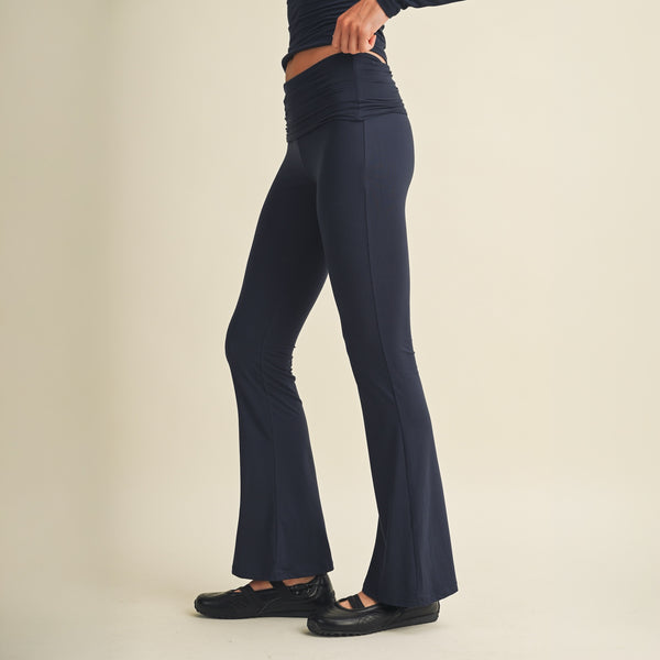 Knit Foldover Flare Pants in Dark Navy
