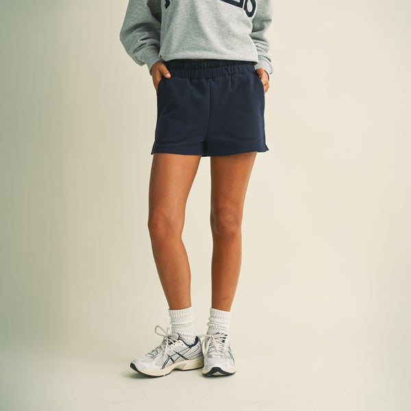 Plaid Waistband Sweat Shorts in Navy