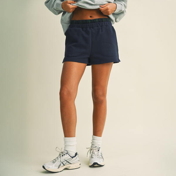 Plaid Waistband Sweat Shorts in Navy