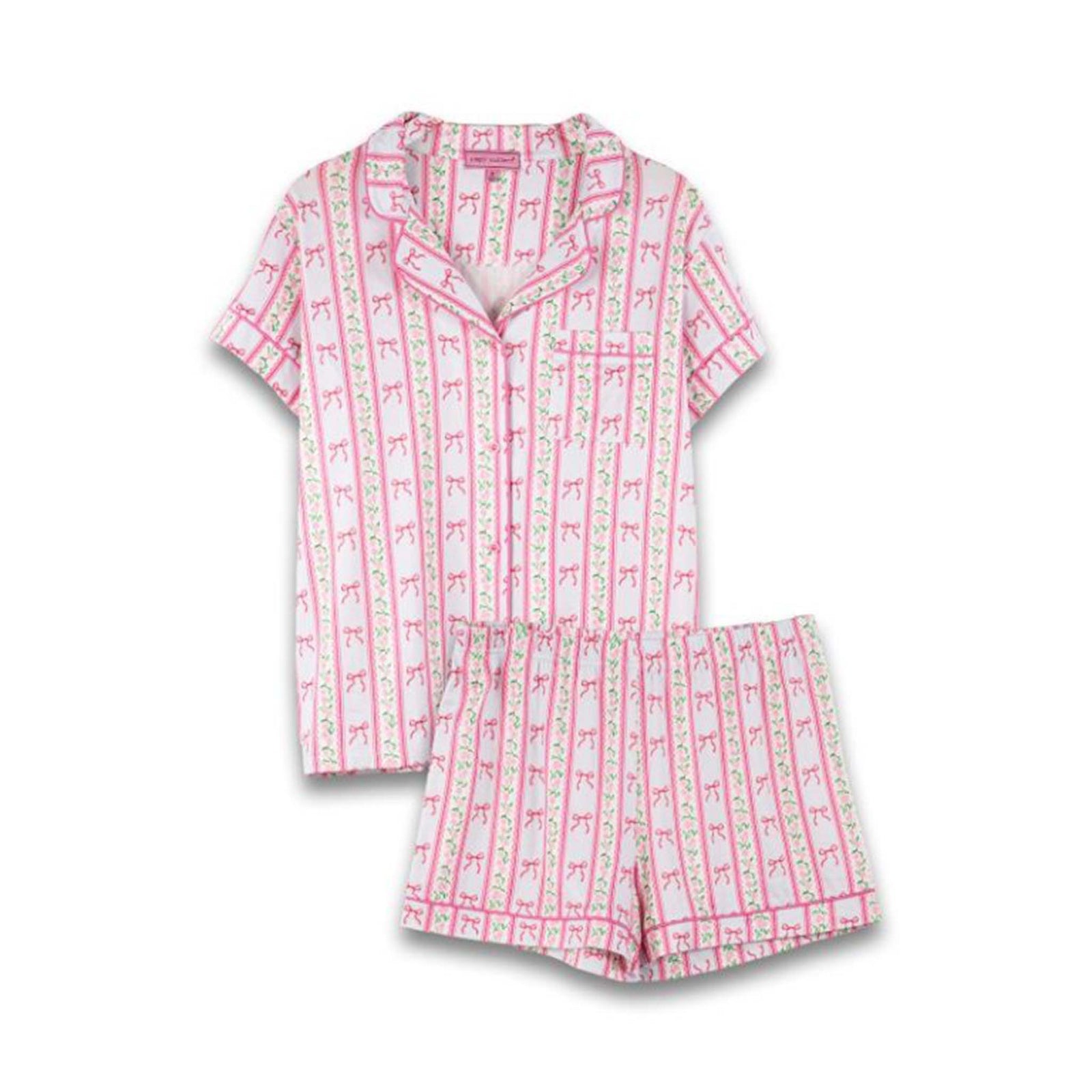 Pink pajama set with bow pattern on a white background