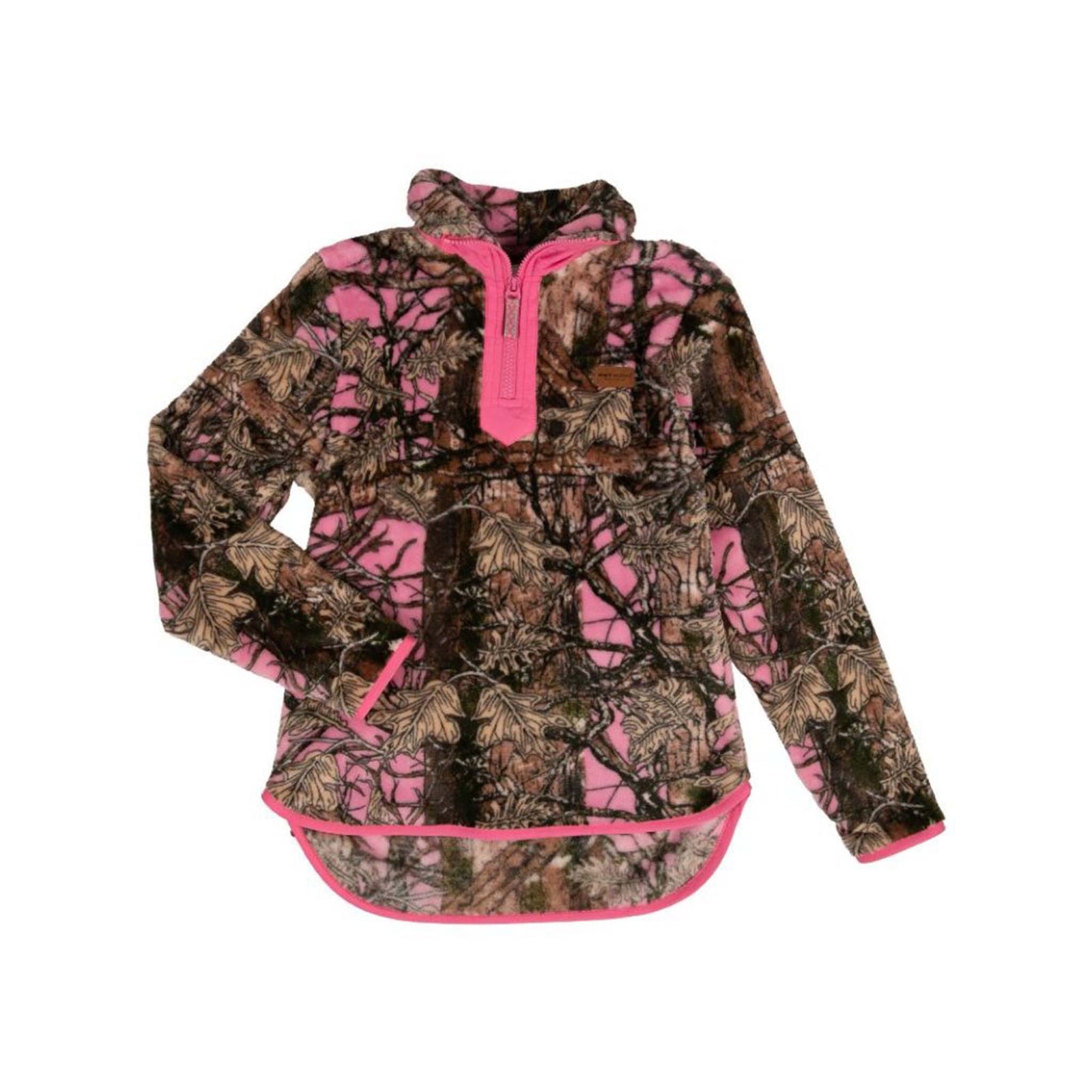 Youth Simply Southern Camo Pink Sherpa Half Zip Pullover with mock neck collar, front pockets, and logo patch on chest.