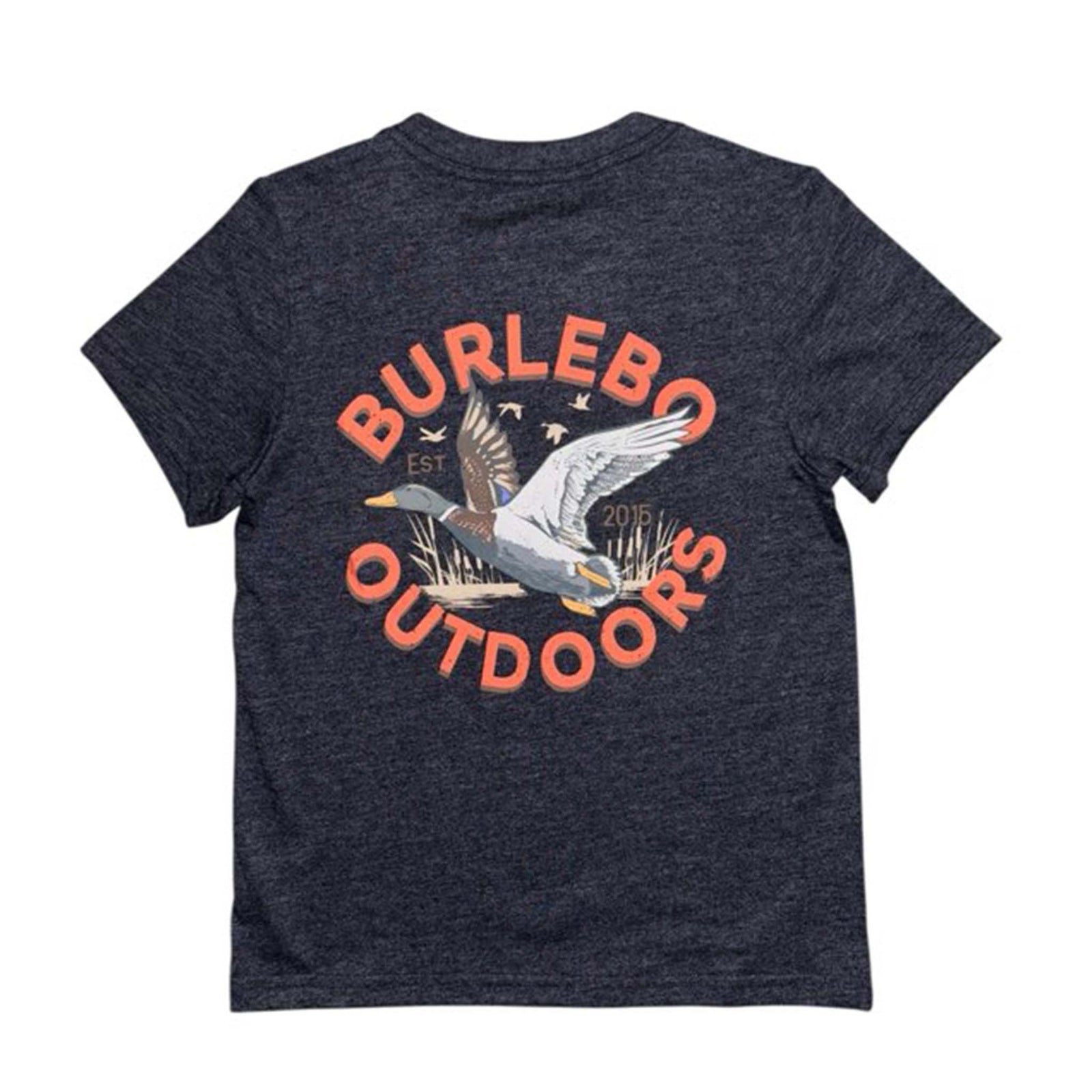 Back view of a youth short sleeve heather navy t-shirt featuring a large flying duck graphic with “Burlebo Outdoors” text in bold orange letters.