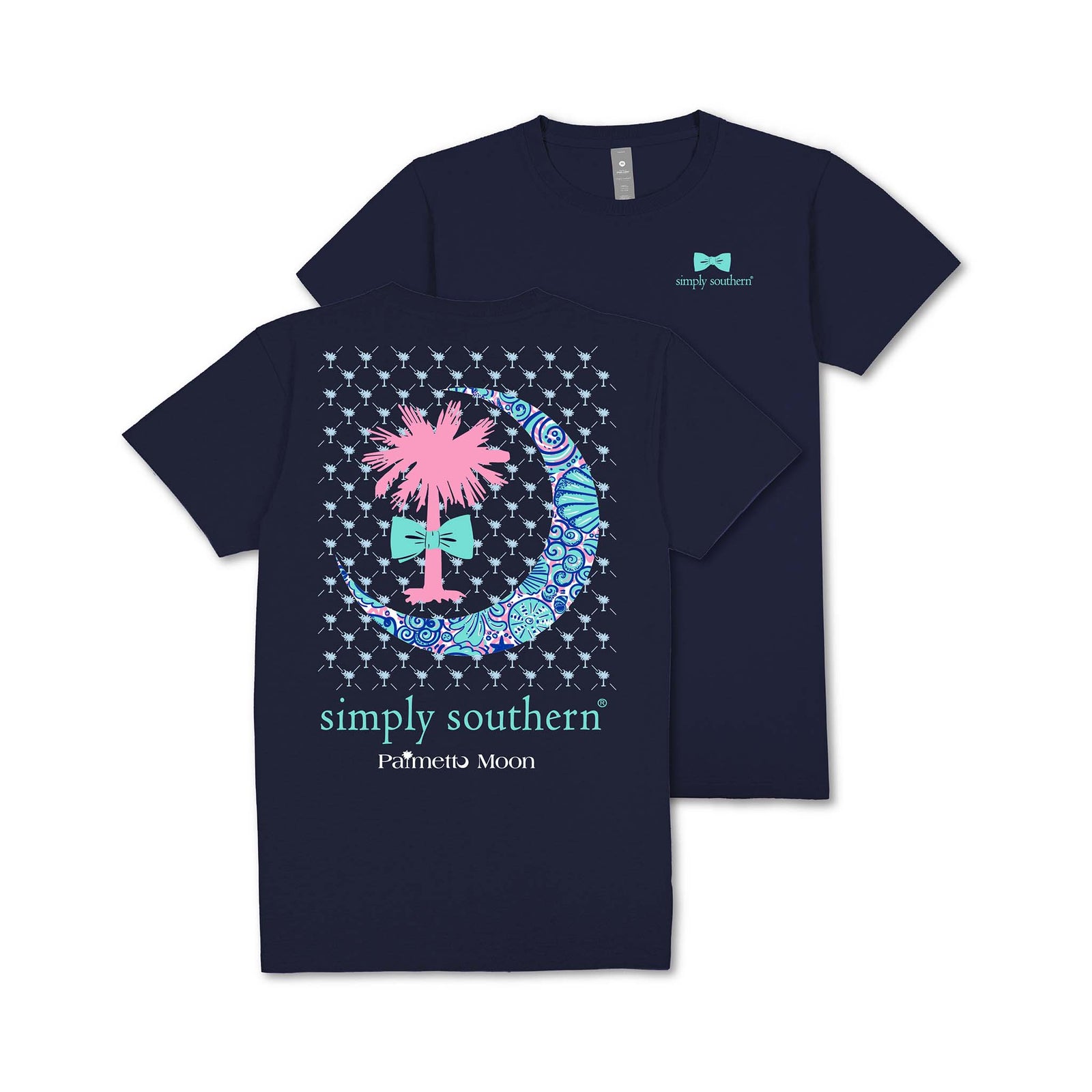 Navy youth short sleeve t-shirt with a pink Palmetto tree, aqua bow, and paisley crescent moon graphic; back includes “simply southern®” and “Palmetto Moon” text.