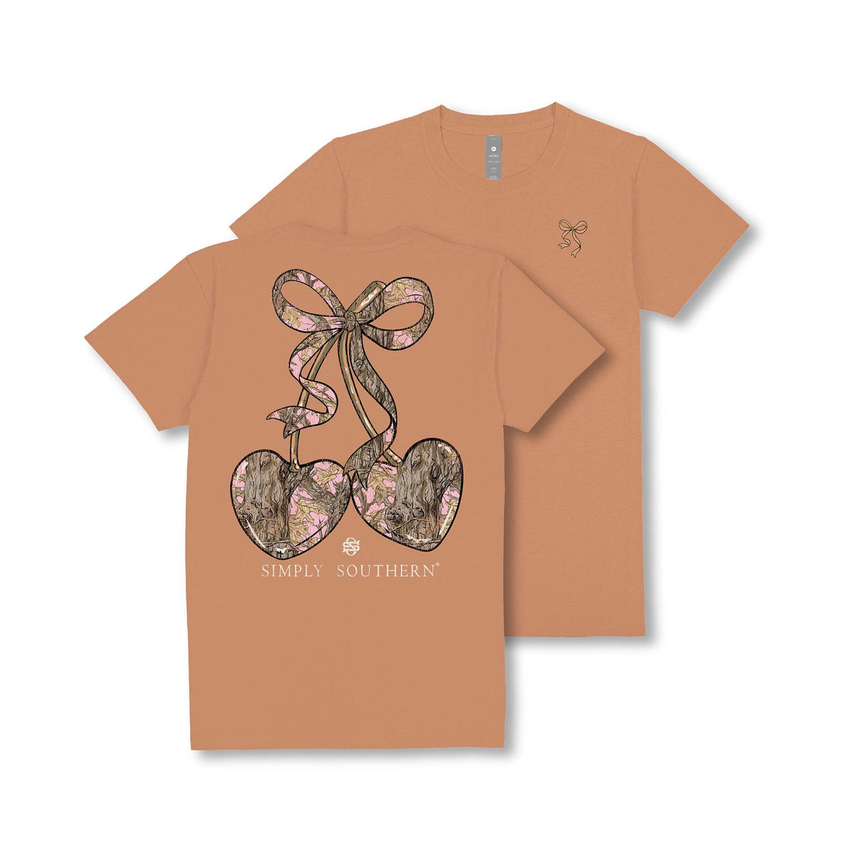 Front of chestnut Simply Southern t-shirt with small bow graphic. Back features large bow and two heart-shaped cherries in pink camo print.