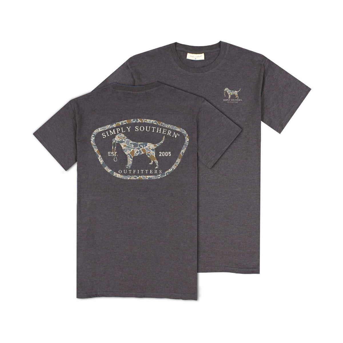 Front of dark gray Simply Southern t-shirt with small camo dog graphic. Back features large oval logo with camo dog silhouette and text “Simply Southern Outfitters Est. 2005.”