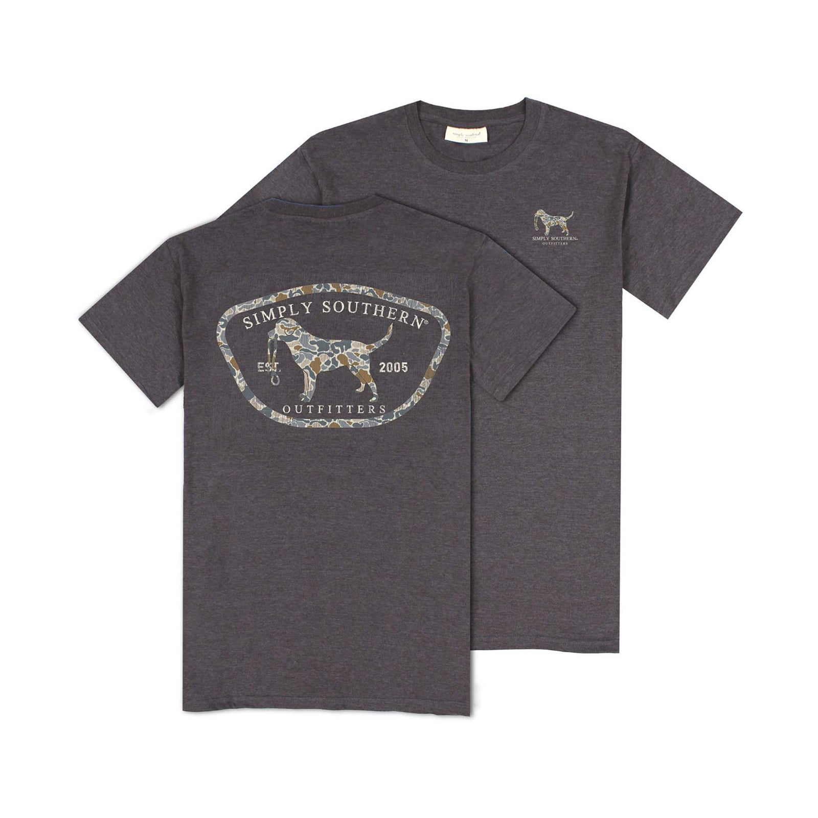 Front of dark gray Simply Southern t-shirt with small camo dog graphic. Back features large oval logo with camo dog silhouette and text “Simply Southern Outfitters Est. 2005.”
