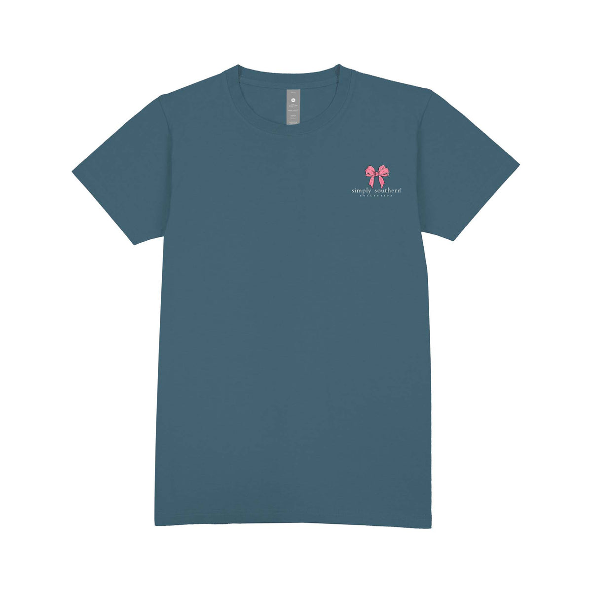 Comet blue short sleeve shirt with a simply southern logo on the left chest with a pink bow.