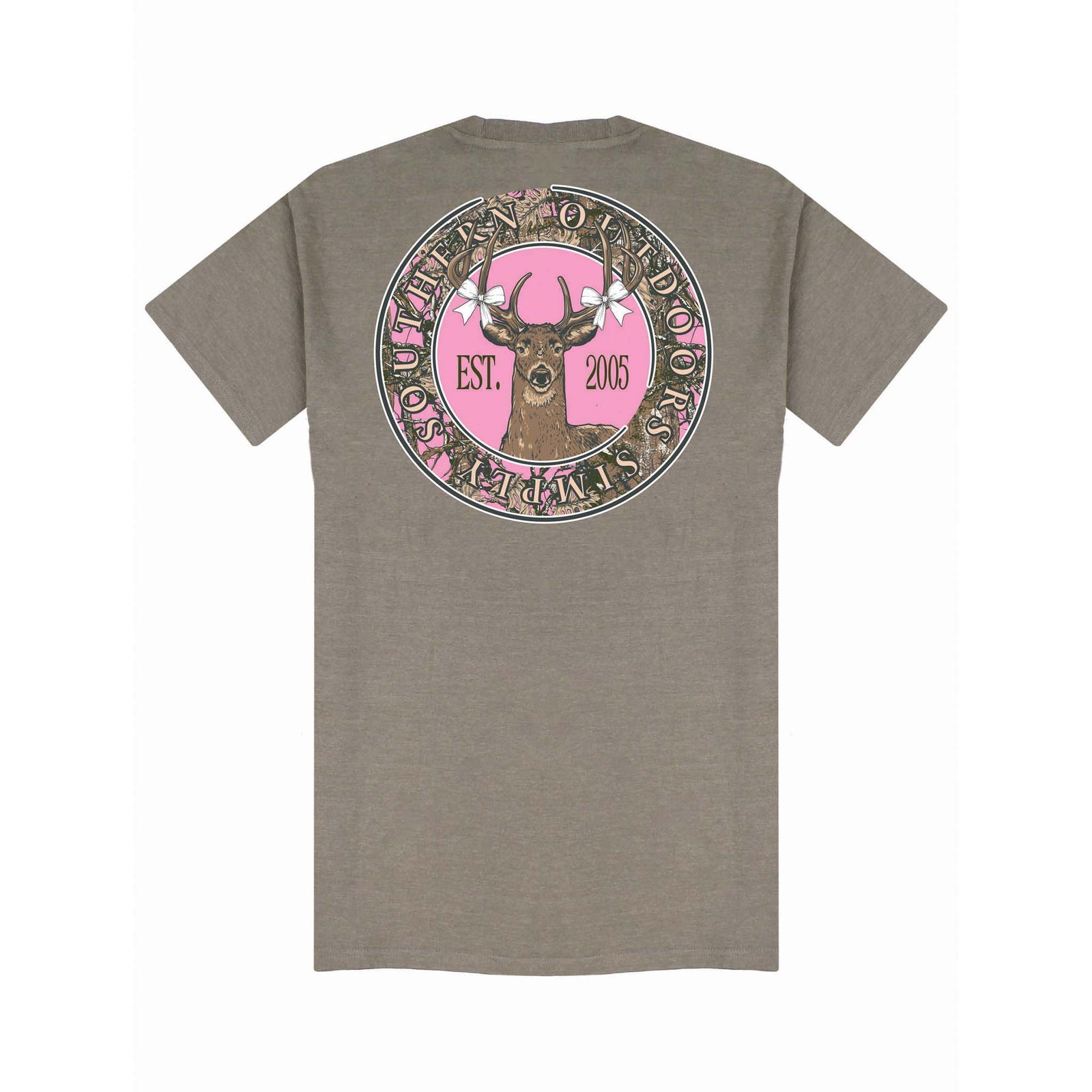 SImply Southern Youth Pink Deer Short Sleeve TShirt, color heather grey, youth sizes S-L, 100% cotton, unisex youth sizing.
Back view of a short-sleeve heather grey t-shirt from Simply Southern Outdoors. The graphic features a deer head in front of a pink background, with two white bows on its antlers. The text 'EST. 2005' appears on either side of the deer. A circular border surrounds the graphic with the words 'SIMPLY SOUTHERN OUTDOORS' in a pink and camouflage pattern.