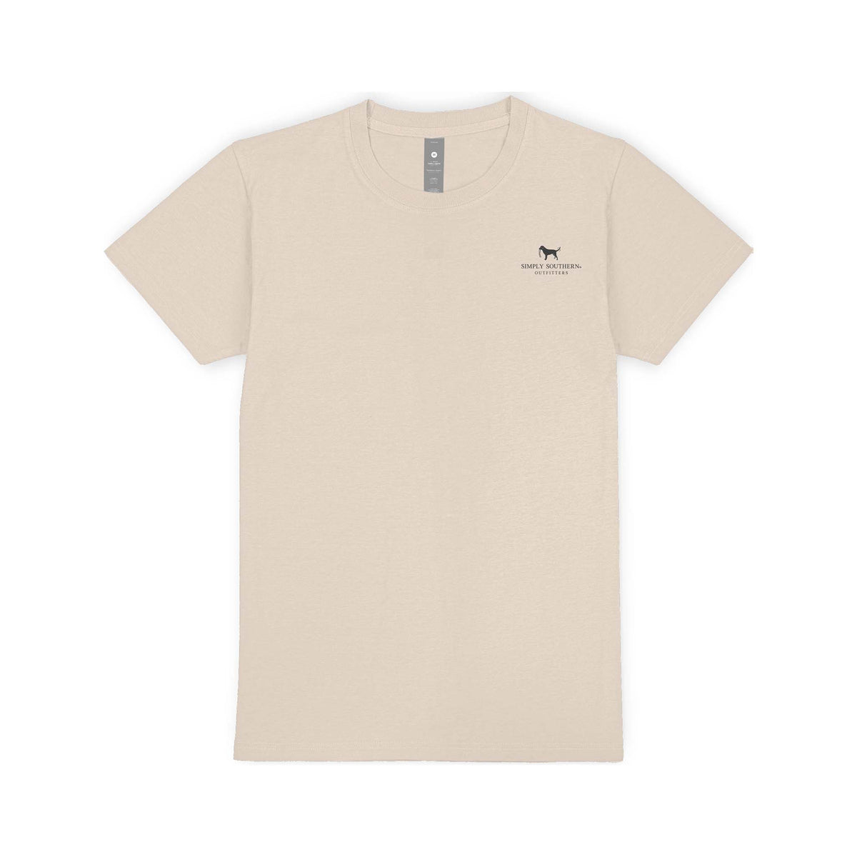 Front of linen t-shirt with small Simply Southern Outfitters logo and dog silhouette on left chest.