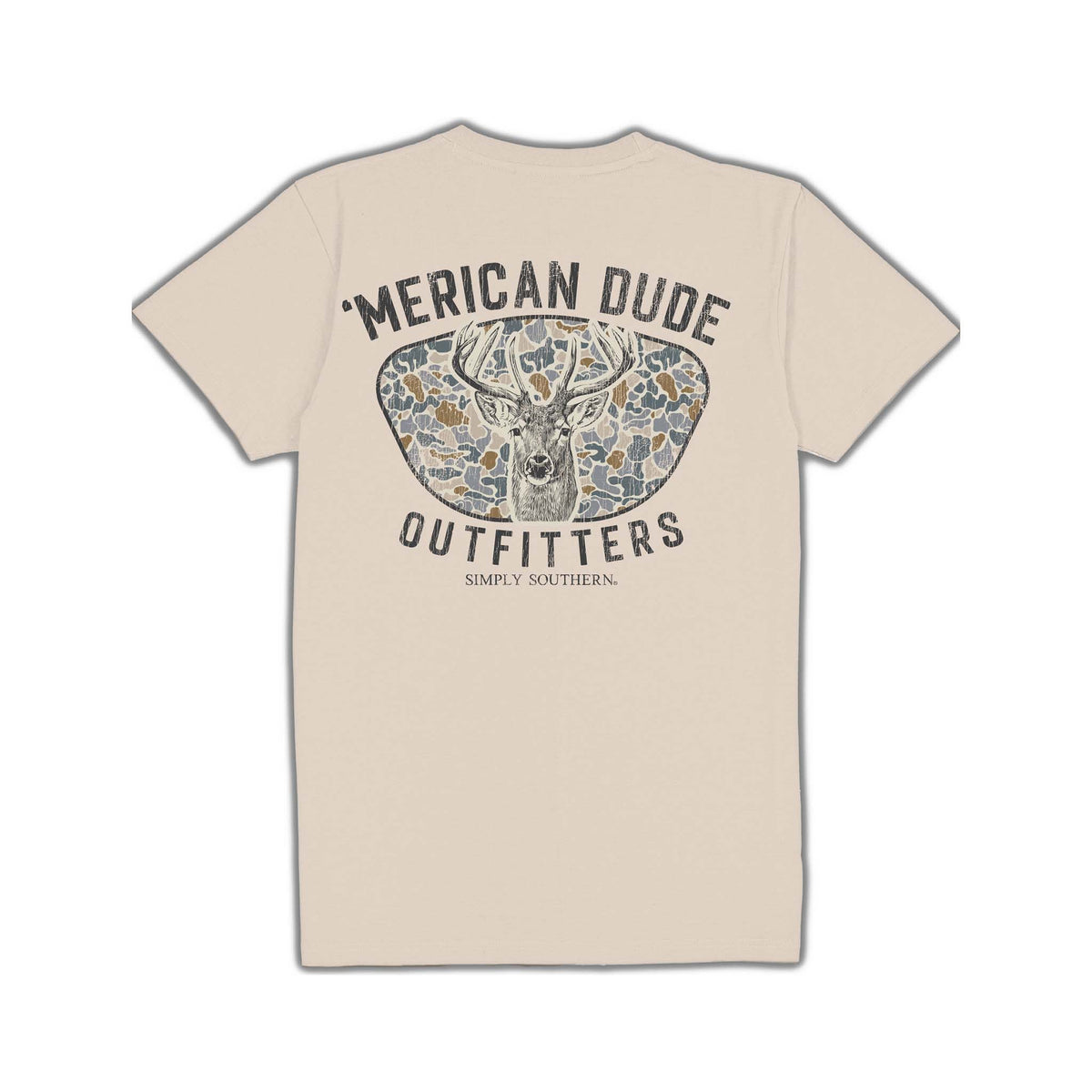 Back of linen t-shirt with deer head over camo shape and text: ‘Merican Dude Outfitters, Simply Southern.
