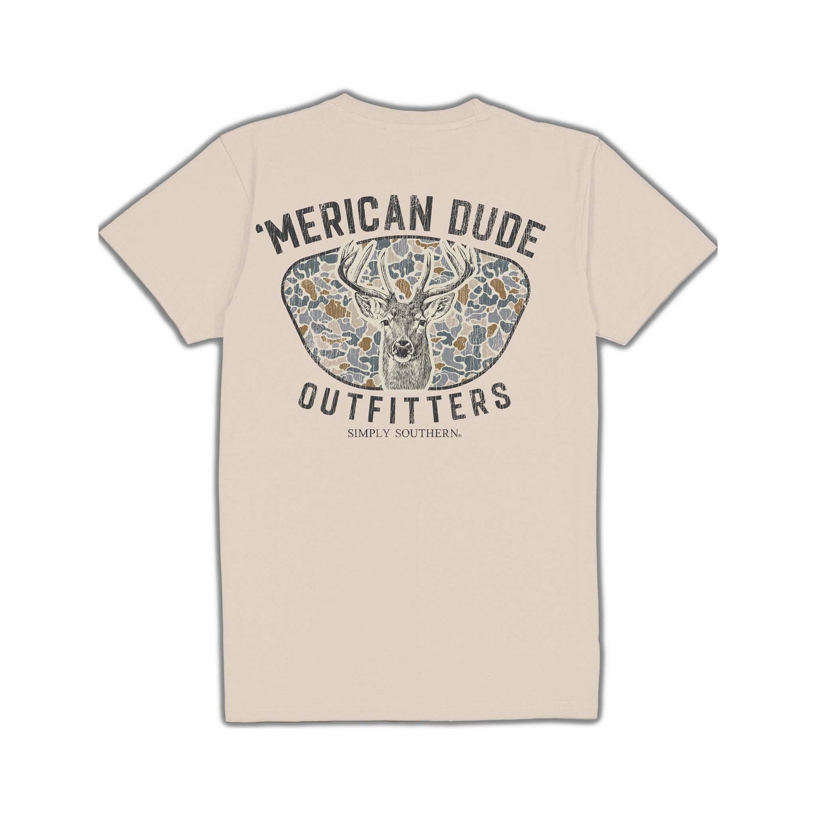 Back of linen t-shirt with deer head over camo shape and text: ‘Merican Dude Outfitters, Simply Southern.