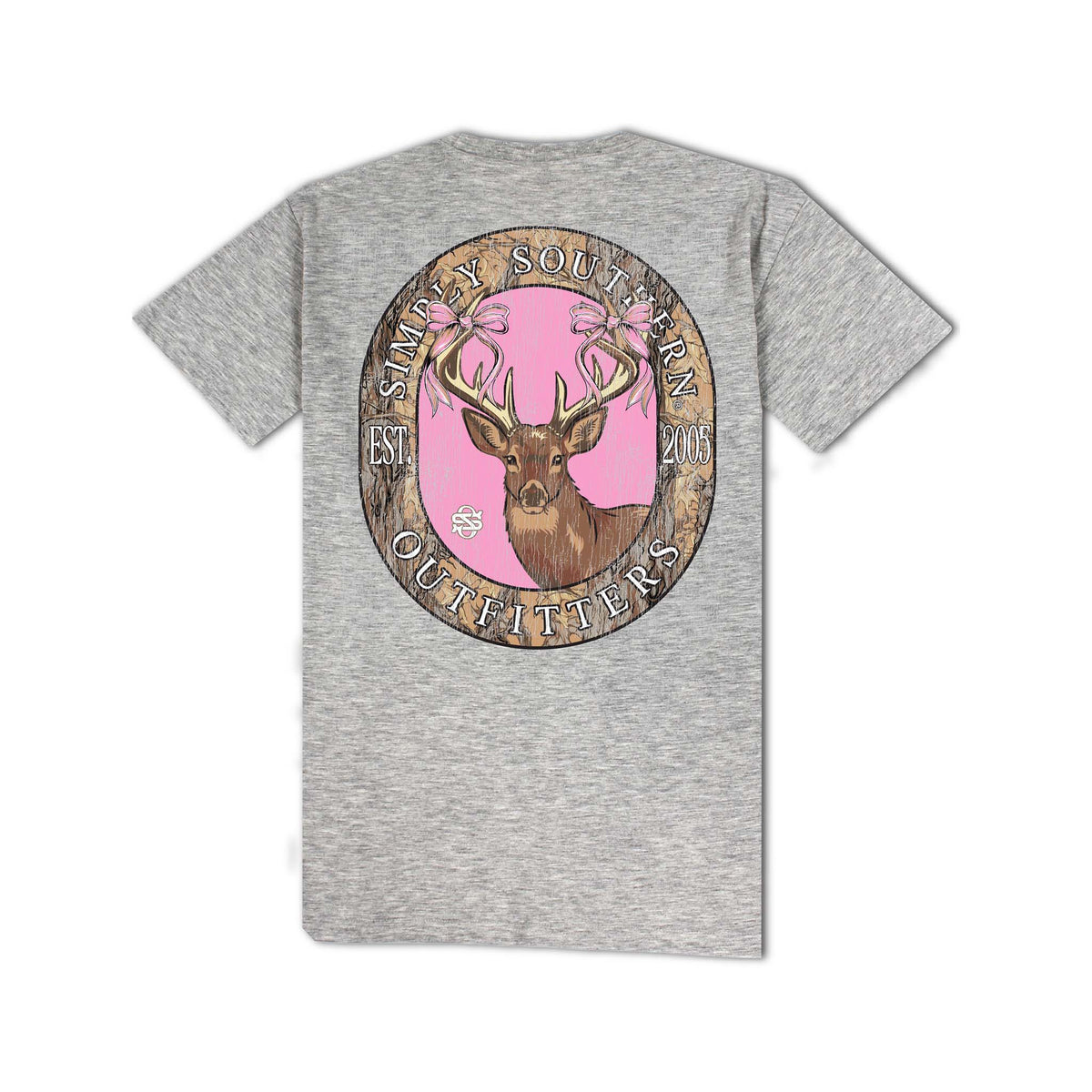 Storm Grey short sleeve shirt with a deer head in front of a camo lined pink plaque. Simply Southern logo present.