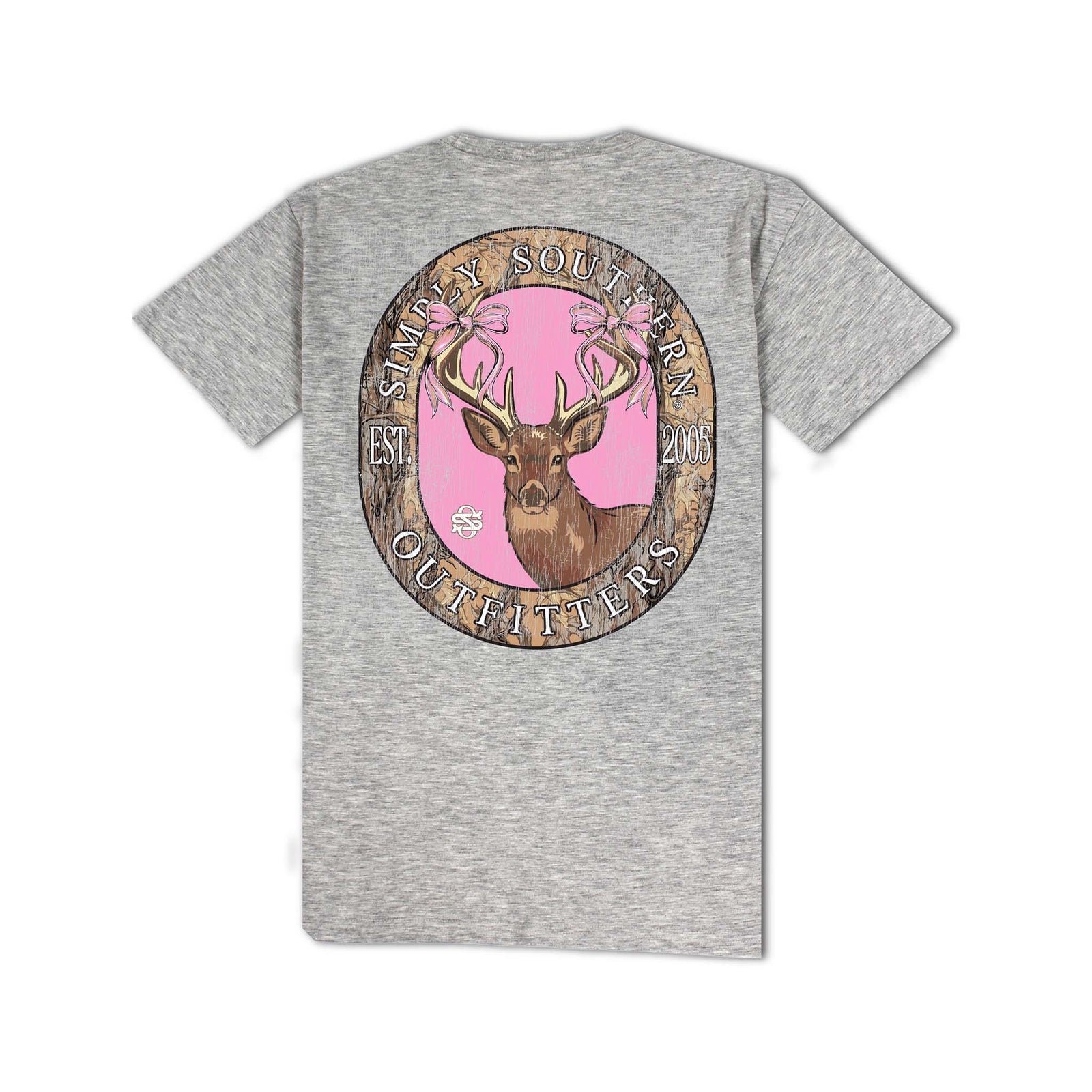 Storm Grey short sleeve shirt with a deer head in front of a camo lined pink plaque. Simply Southern logo present.