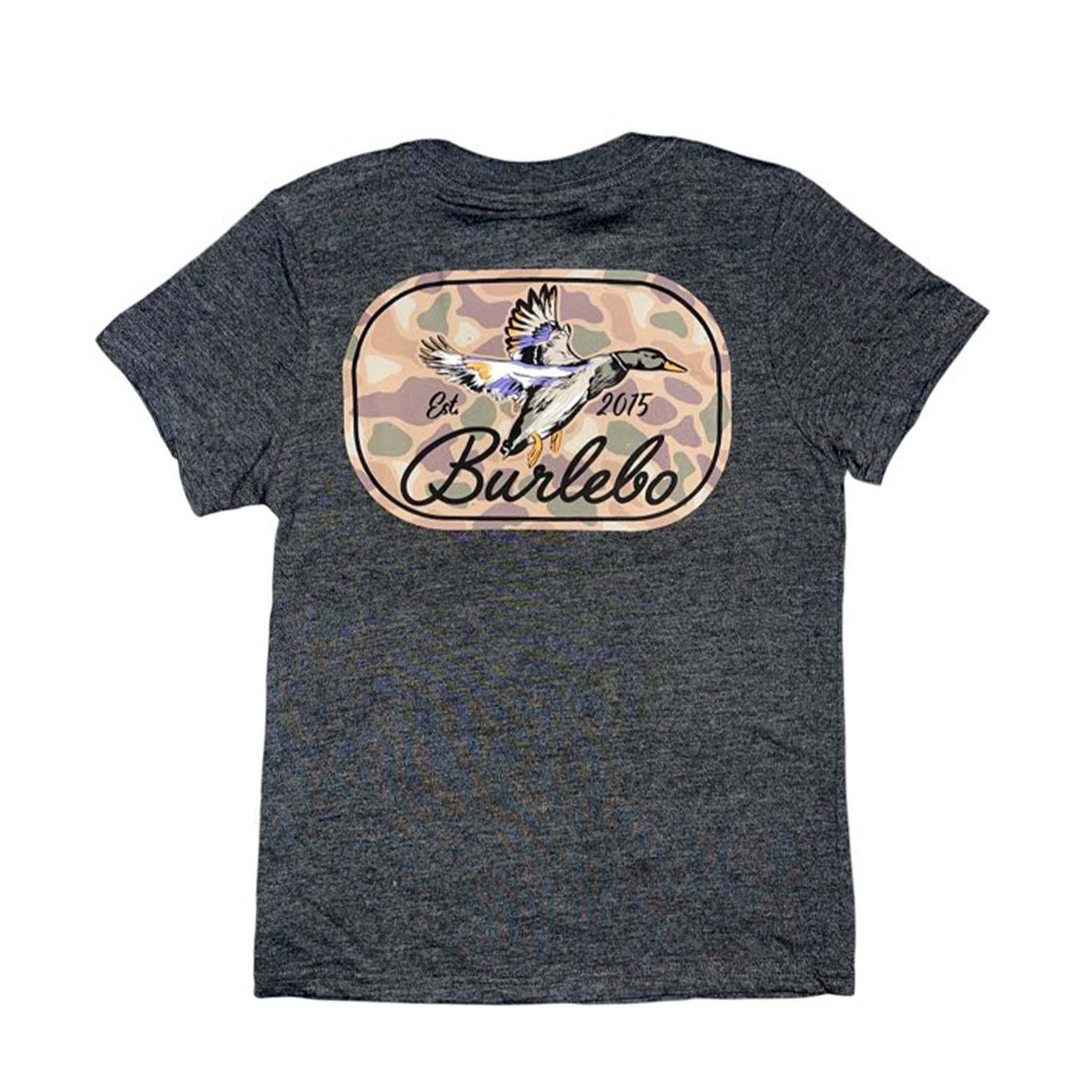Back of youth Burlebo t-shirt with large flying duck graphic over a camo background and “Est. 2015 Burlebo” text.