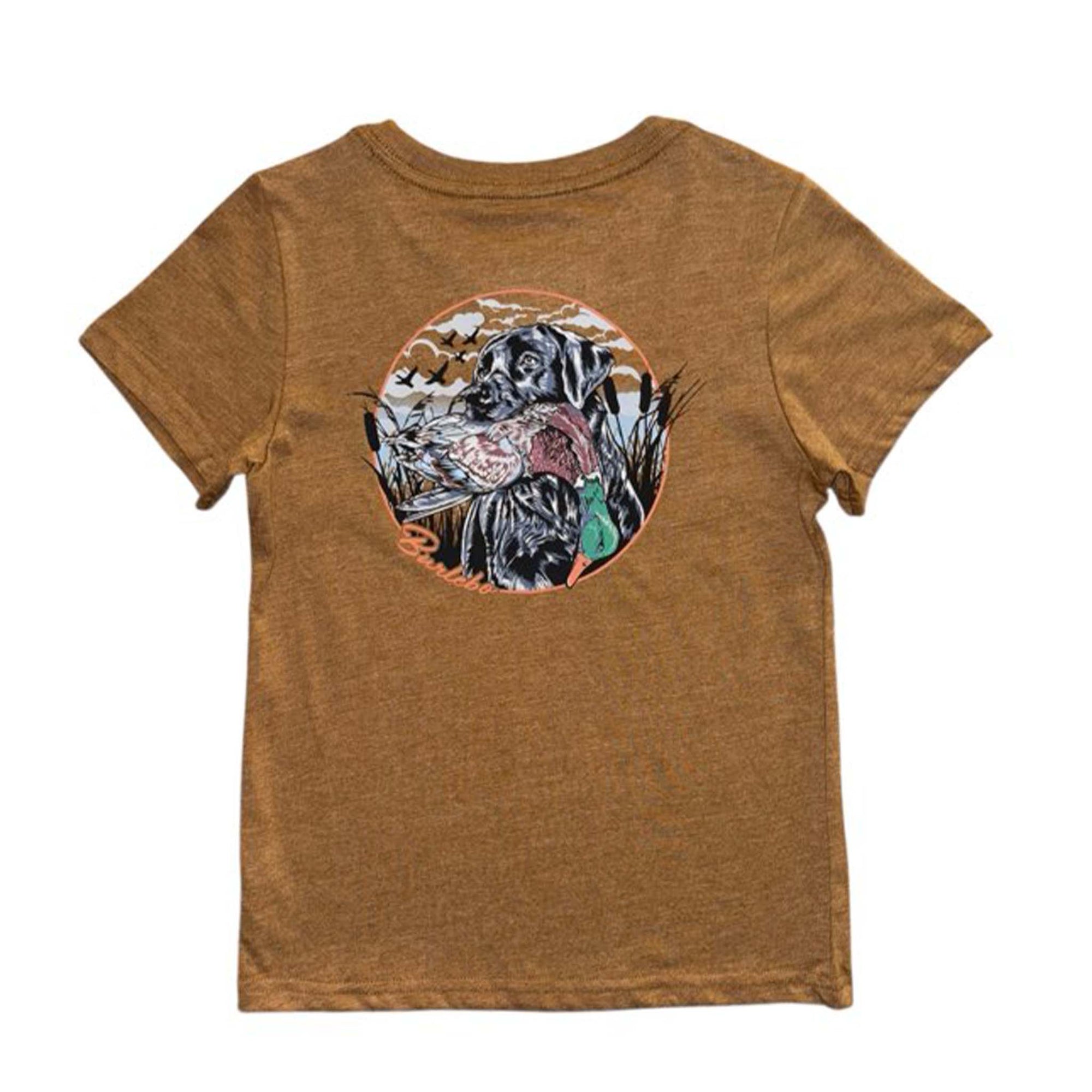 Back view of a youth short sleeve light brown t-shirt featuring a detailed graphic of a black lab holding a duck in a marsh, with flying birds and the “Burlebo” logo below.