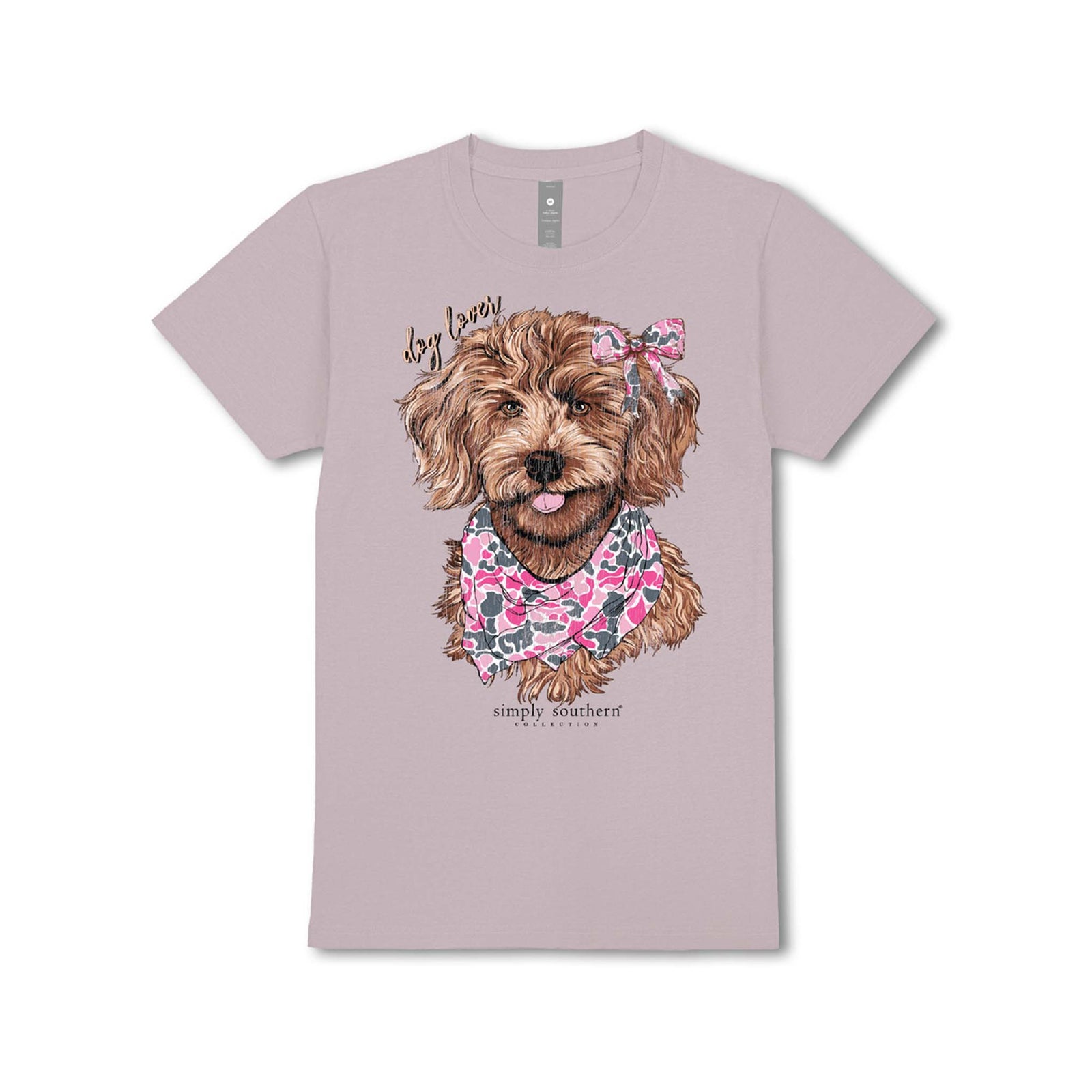 Youth driftwood-colored tee featuring an illustrated dog wearing a pink camo bow and bandana with ‘dog lover’ text above.