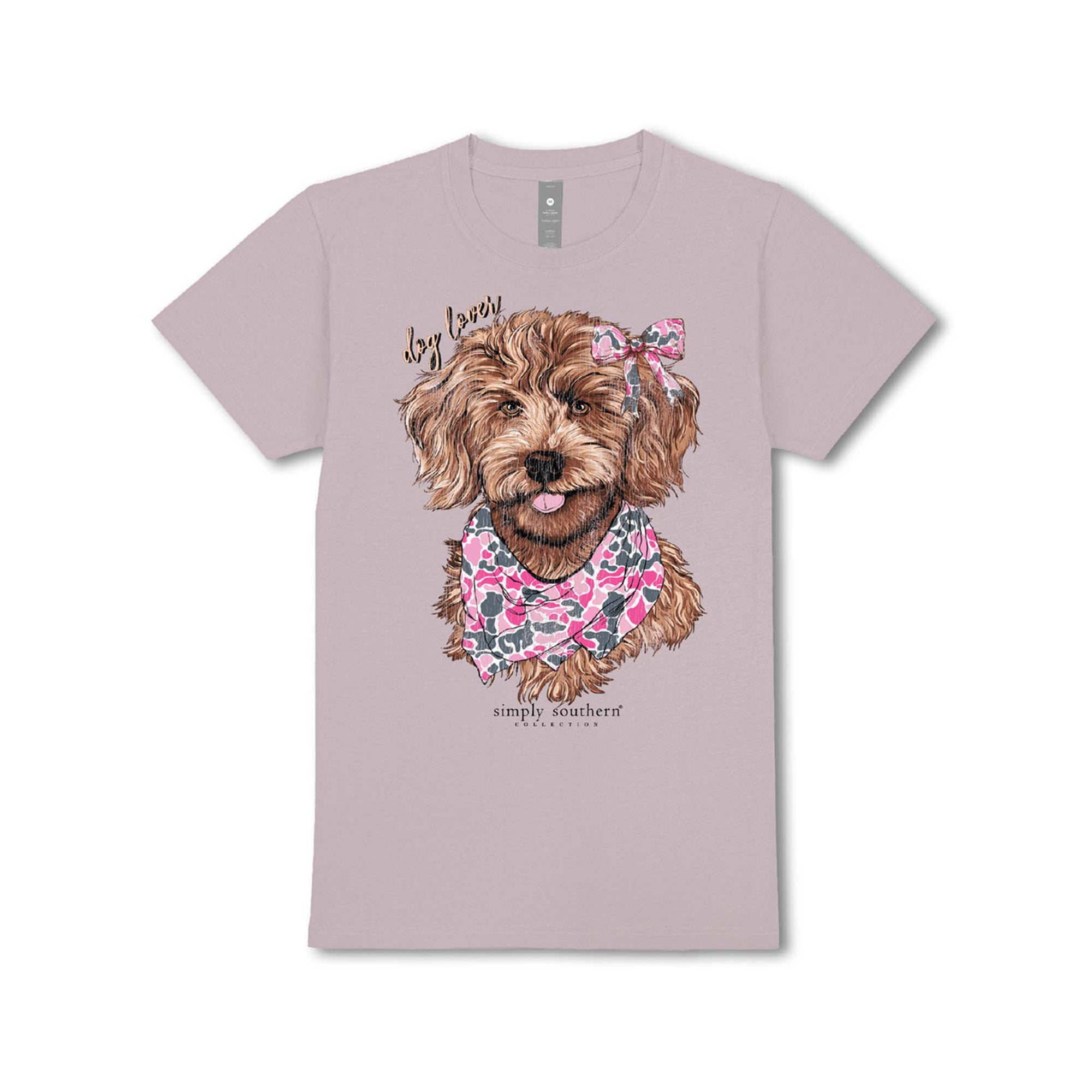 Youth driftwood-colored tee featuring an illustrated dog wearing a pink camo bow and bandana with ‘dog lover’ text above.
