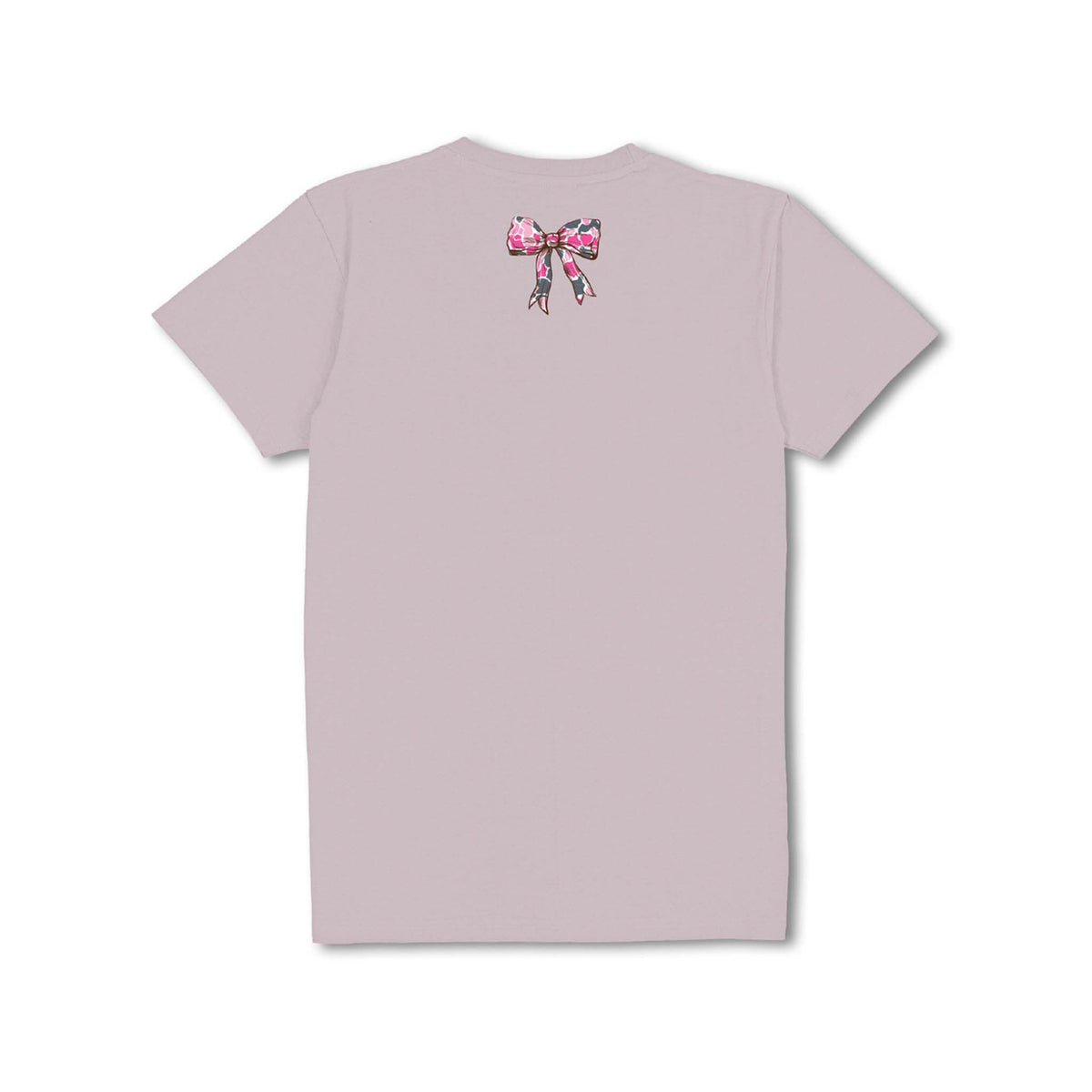 Youth driftwood-colored tee shown from the back with a small pink camo bow graphic near the neckline.