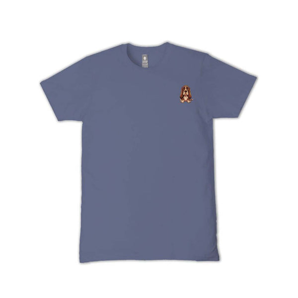 Youth blue t-shirt front view with small dog graphic on chest