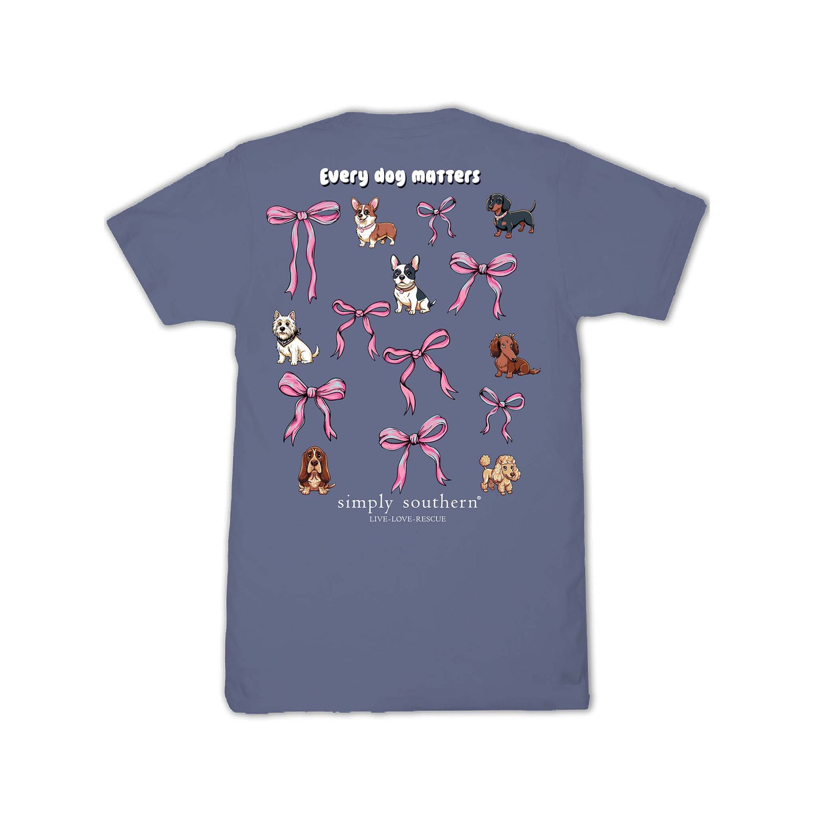 Youth blue t-shirt back view with “Every dog matters” text, multiple dog illustrations, and pink bow graphics