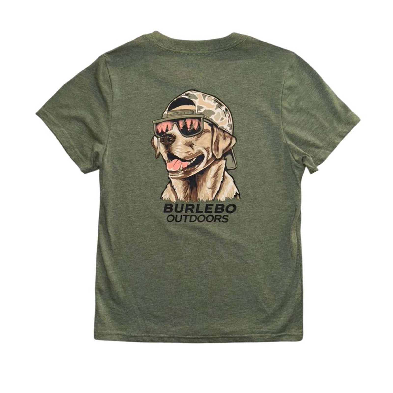 Back view of a youth short sleeve heather olive t-shirt featuring a dog wearing sunglasses and a camo hat, with “Burlebo Outdoors” text below.
