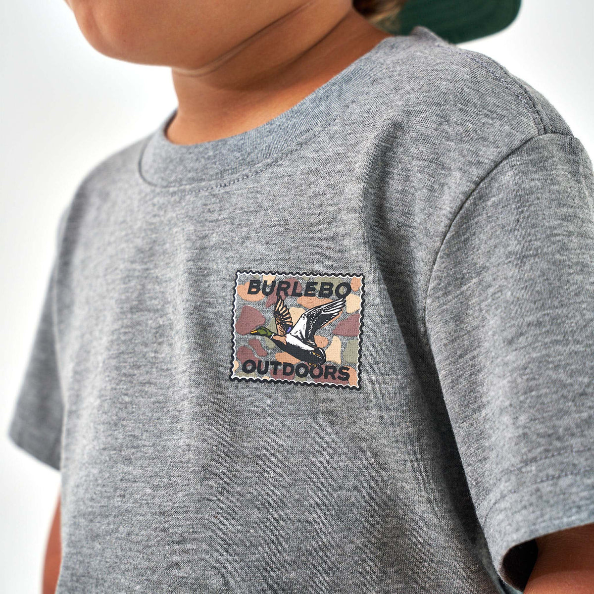Gray t-shirt with a Burlebo Outdoors logo on a white background